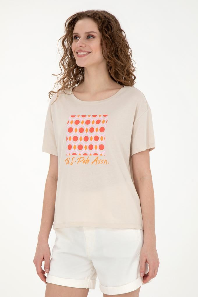 Kadın Krem Bisiklet Yaka Tişört