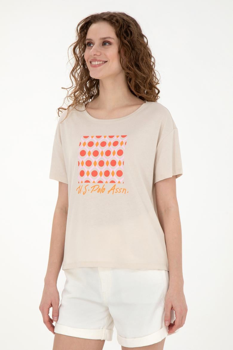 Kadın Krem Bisiklet Yaka Tişört