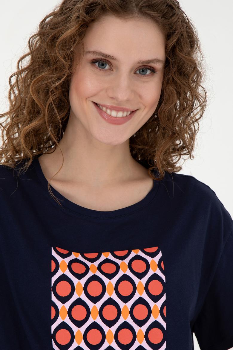 Kadın Lacivert Bisiklet Yaka Tişört - 50286051017