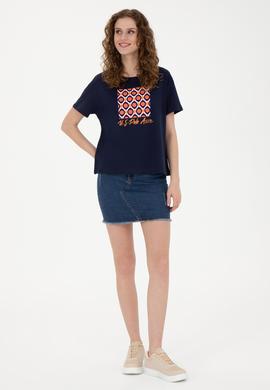 Kadın Lacivert Bisiklet Yaka Tişört - 50286051017