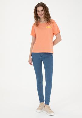 Kadın Somon Bisiklet Yaka Tişört - 50286105049