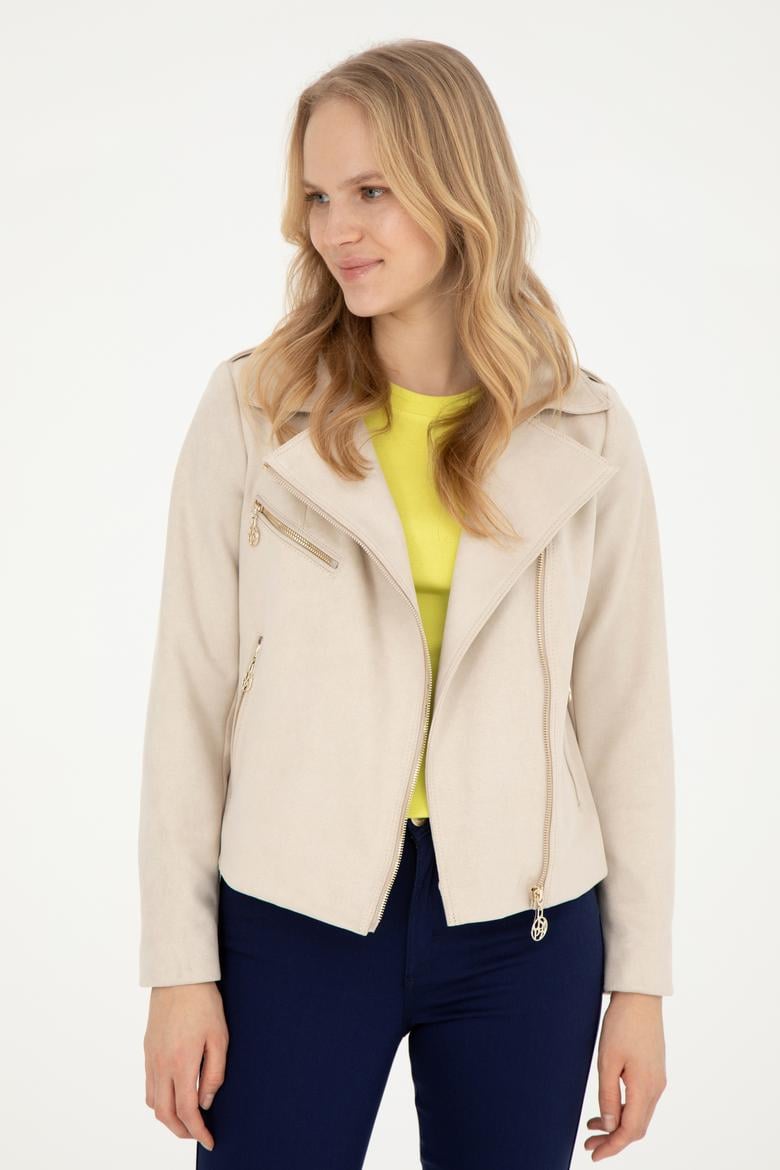 Kadın Ekru Deri Ceket - 50288623012