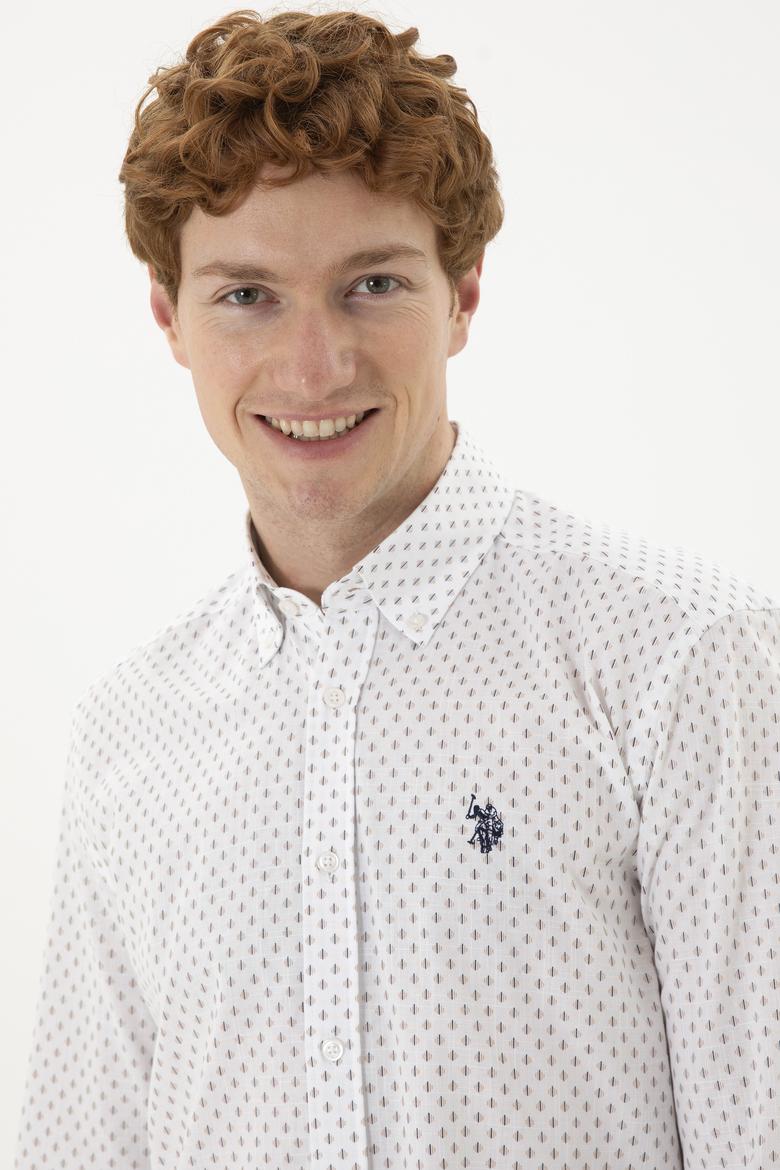 Erkek Bej Baskılı Beyaz Gömlek - 50288677007