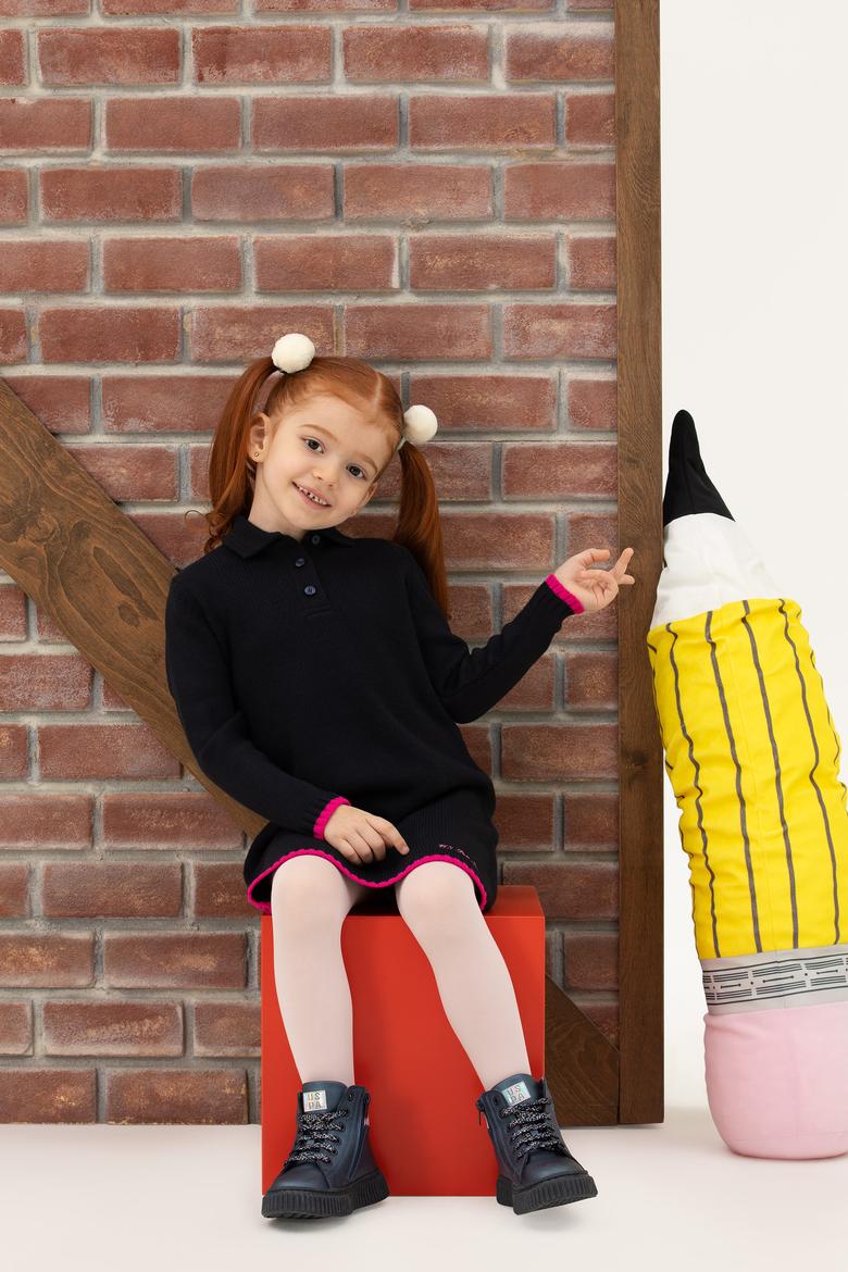 Kız Çocuk Lacivert Polo Yaka Uzun Kollu Triko Elbise - 50276996014