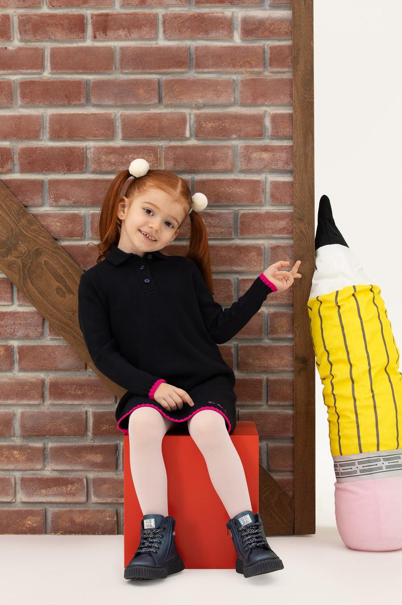 Kız Çocuk Lacivert Polo Yaka Uzun Kollu Triko Elbise