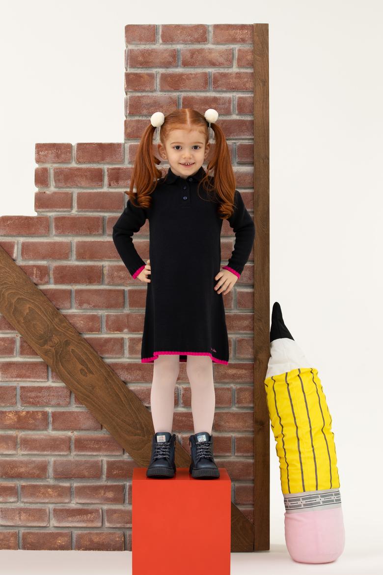 Kız Çocuk Lacivert Polo Yaka Uzun Kollu Triko Elbise - 50276996014