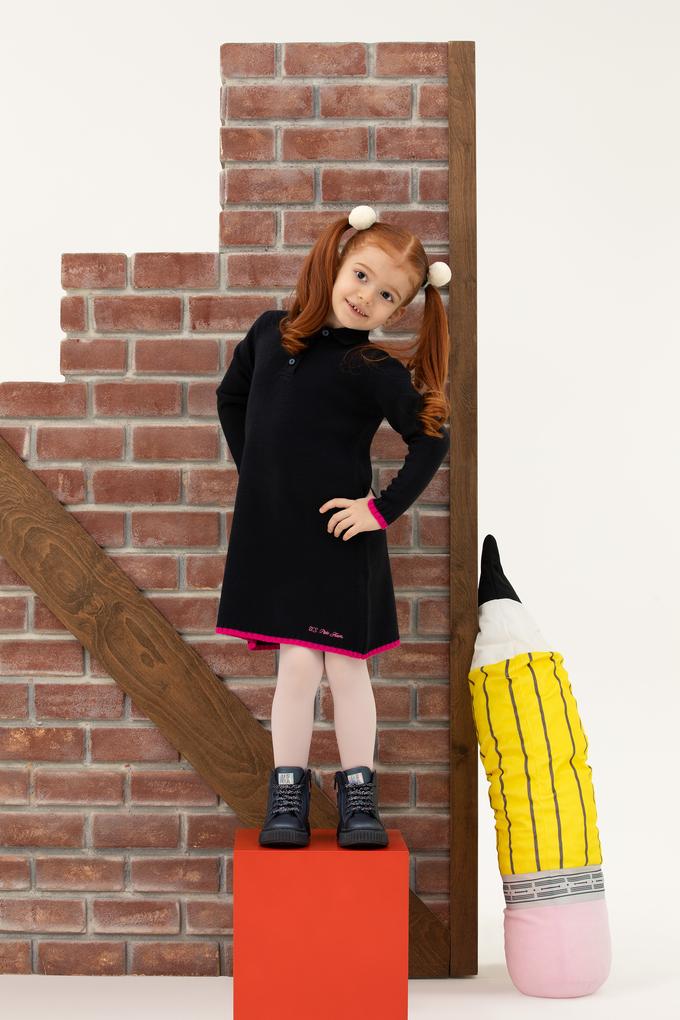 Kız Çocuk Lacivert Polo Yaka Uzun Kollu Triko Elbise