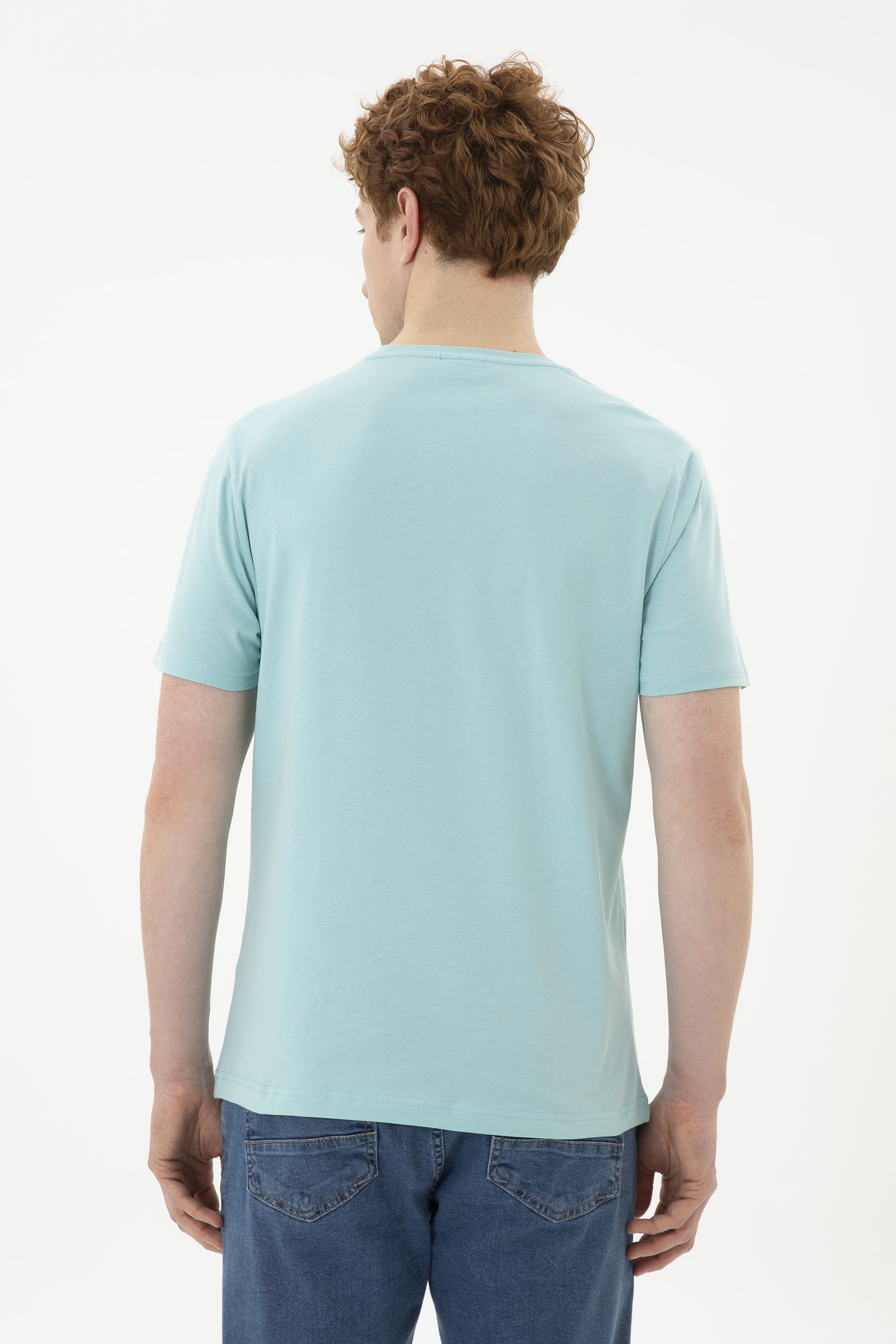 Erkek Regular Fit Bisiklet Yaka Su Yeşili Basic Tişört - Image 5