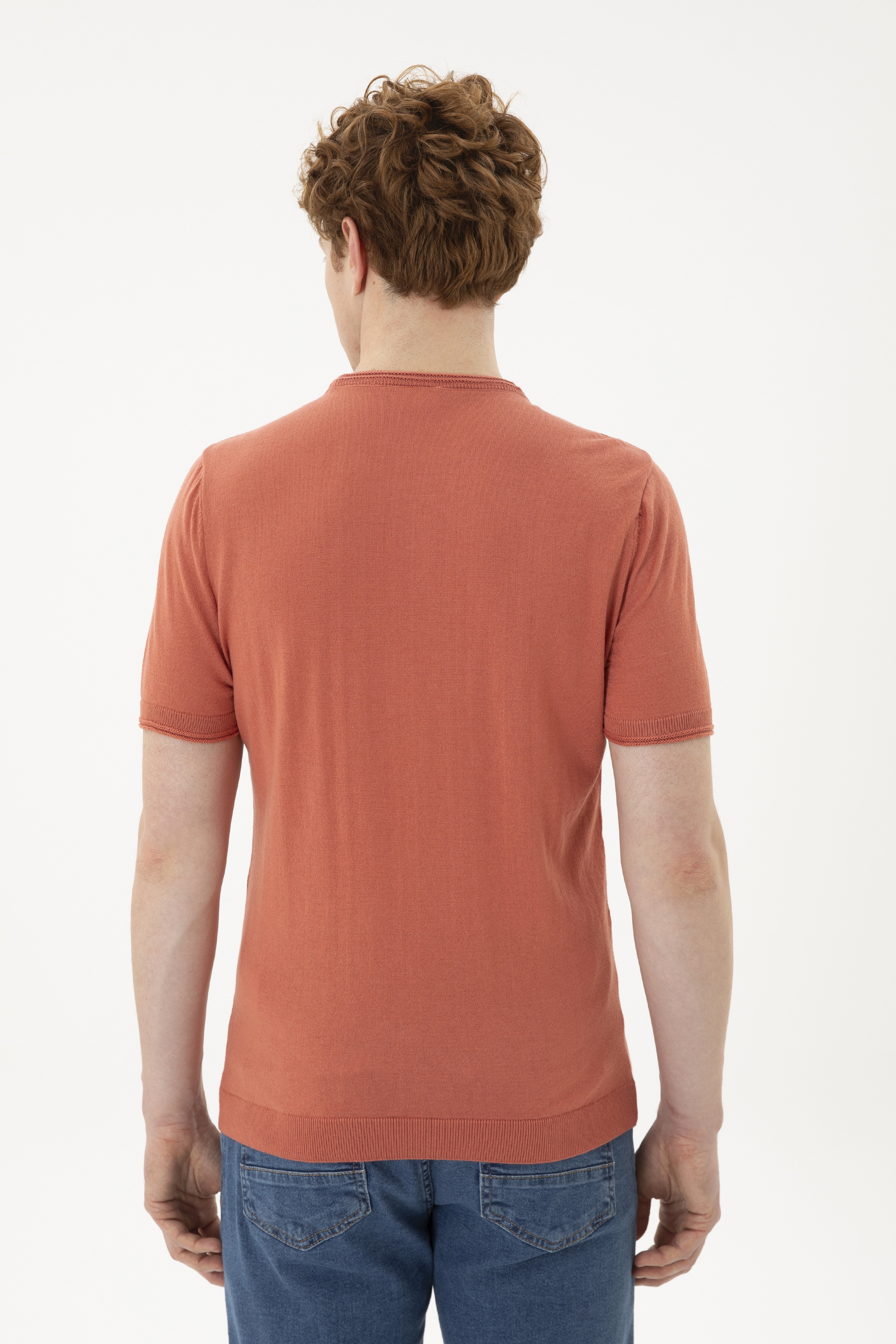 Erkek Slim Fit Bisiklet Yaka Pudra Kazak