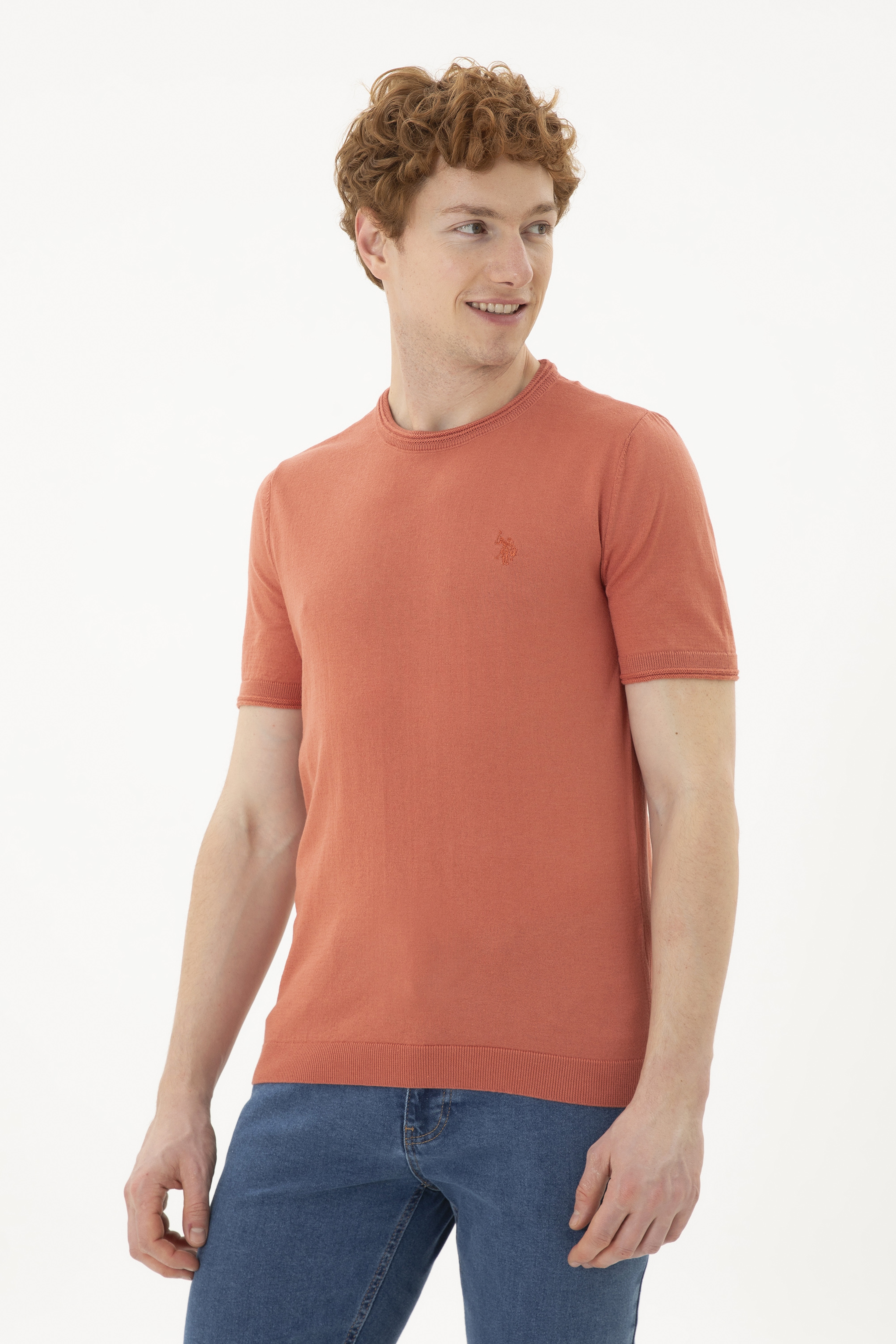 Erkek Slim Fit Bisiklet Yaka Pudra Kazak - Image 3