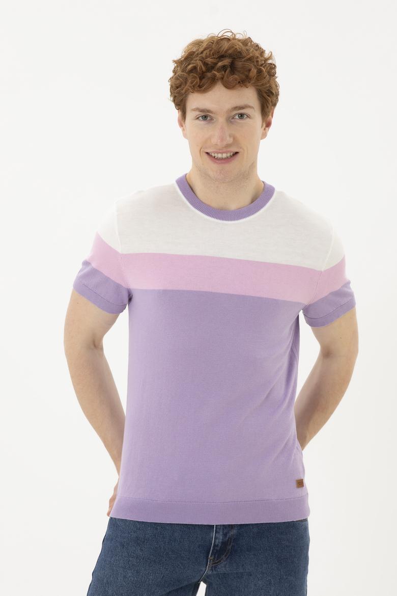 Erkek Slim Fit Bisiklet Yaka Lila Kazak
