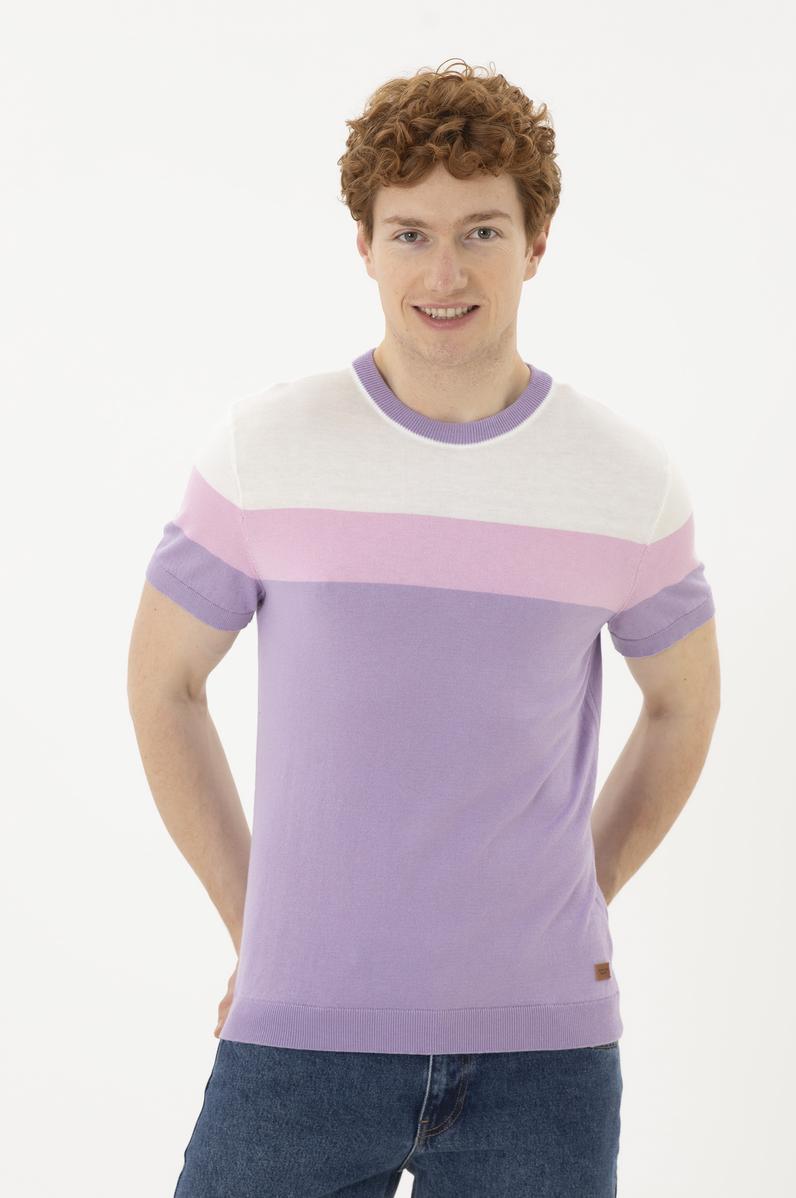 Erkek Slim Fit Bisiklet Yaka Lila Kazak