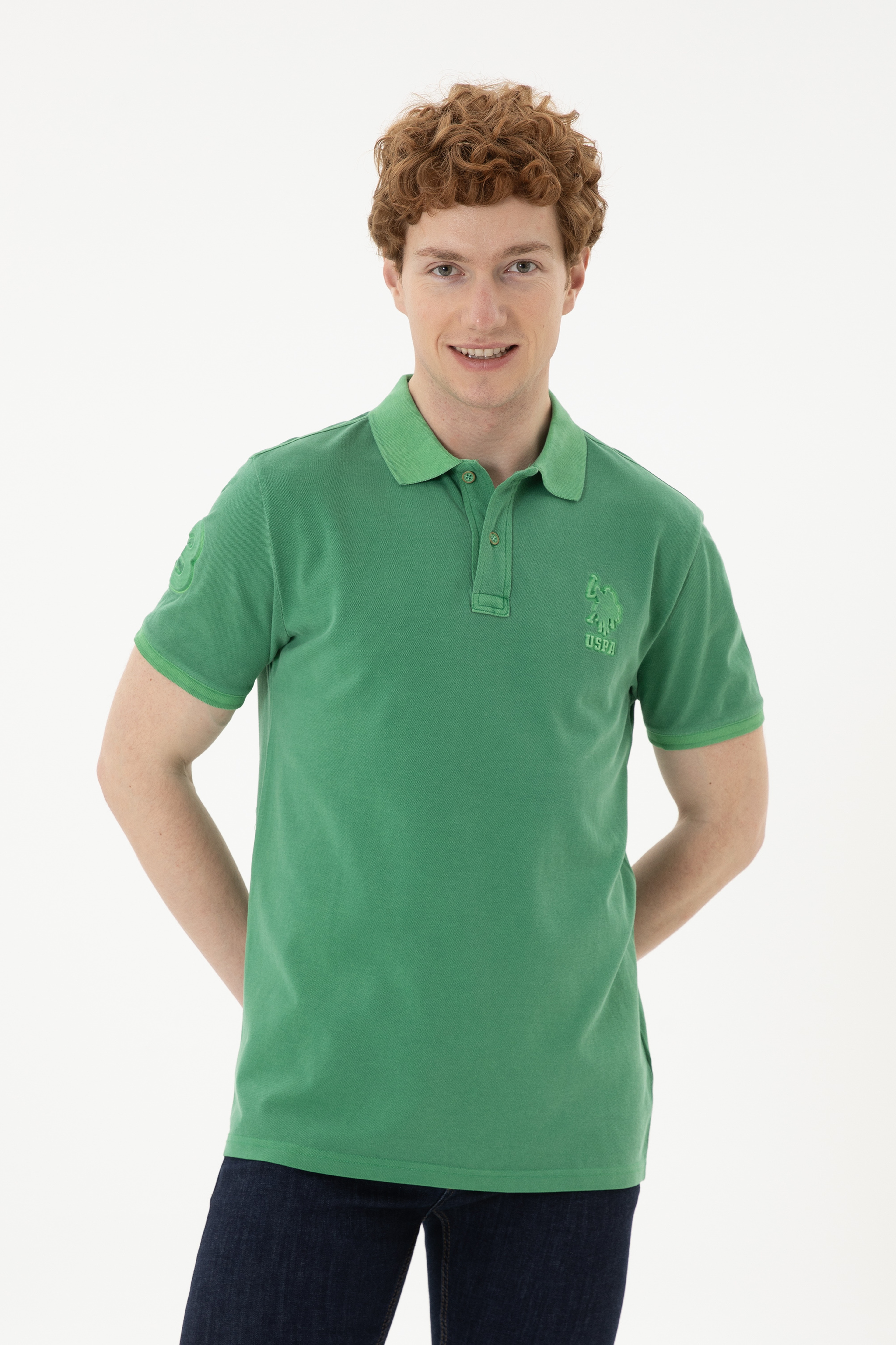 Erkek Slim Fit Polo Yaka Yeşil Basic Tişört - Image 1
