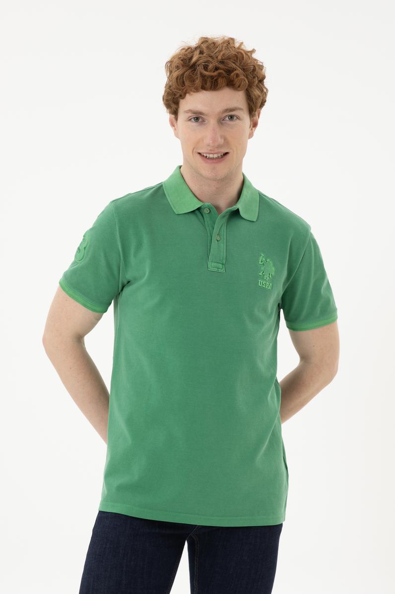 Erkek Slim Fit Polo Yaka Yeşil Basic Tişört