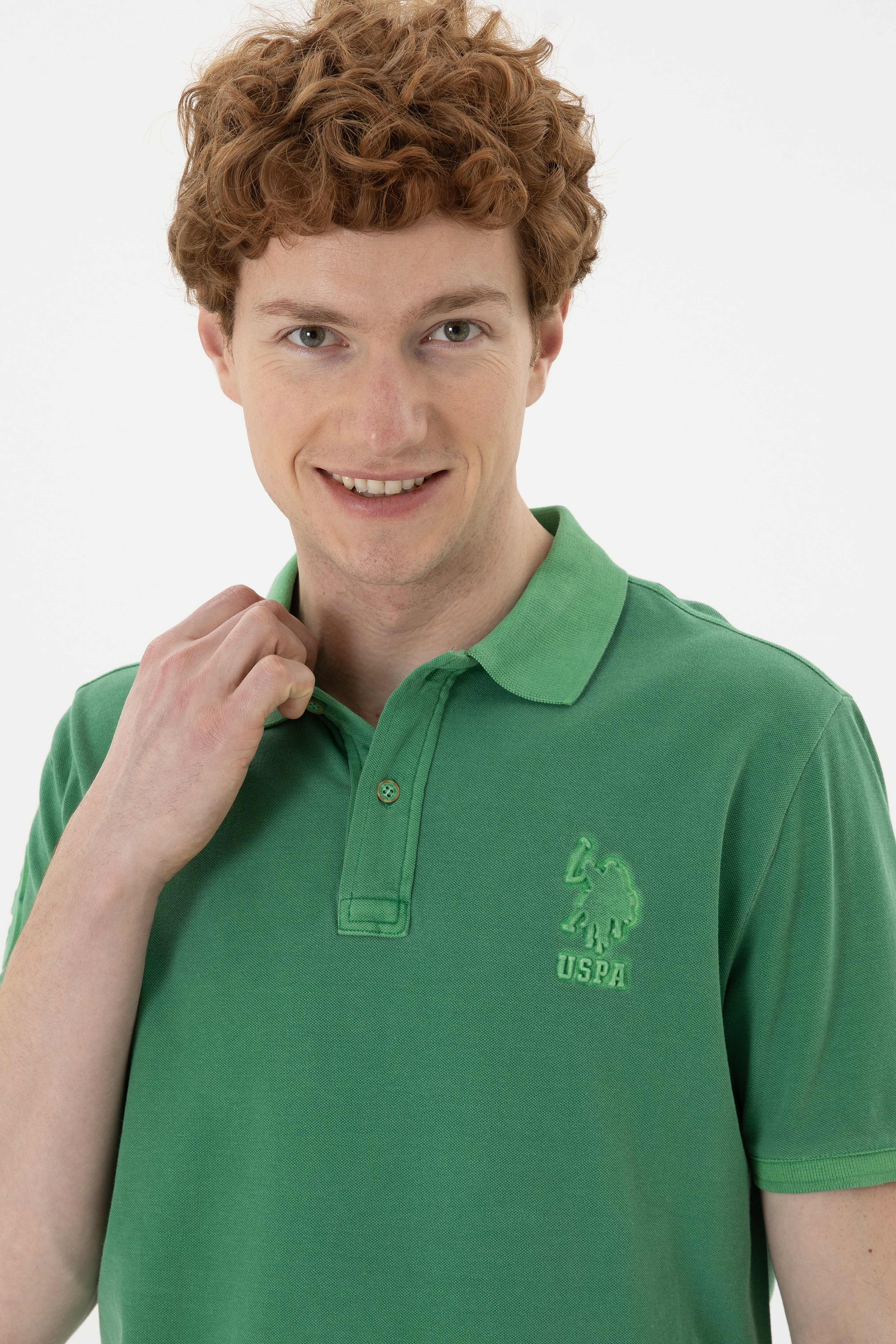 Erkek Slim Fit Polo Yaka Yeşil Basic Tişört - Image 2
