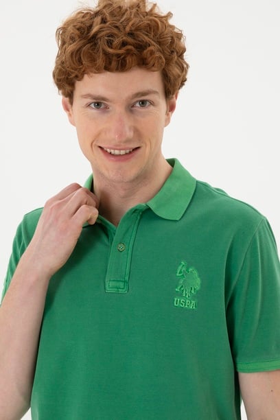 Erkek Slim Fit Polo Yaka Yeşil Basic Tişört