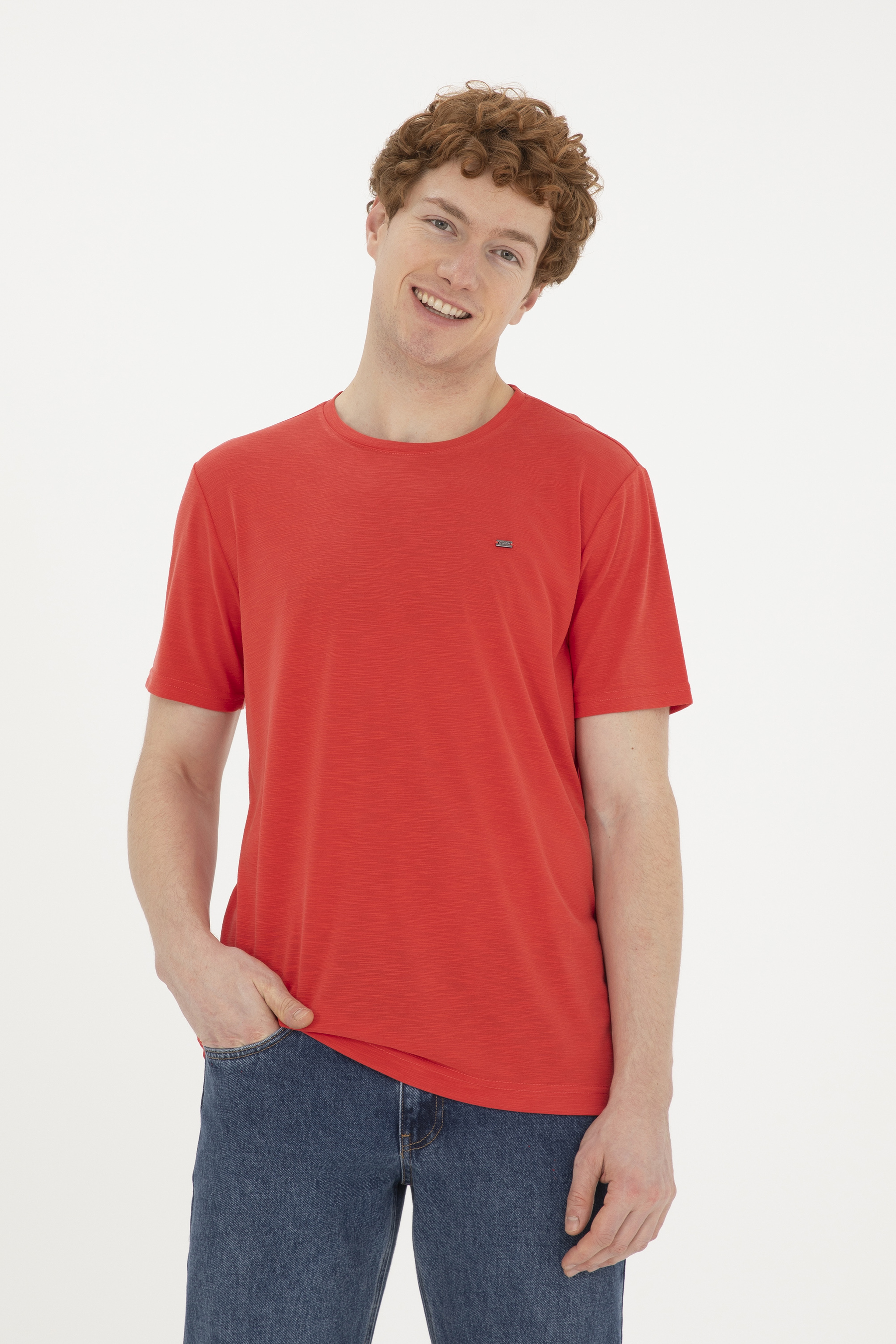 Erkek Regular Fit Bisiklet Yaka Kırmızı Basic Tişört - Image 3