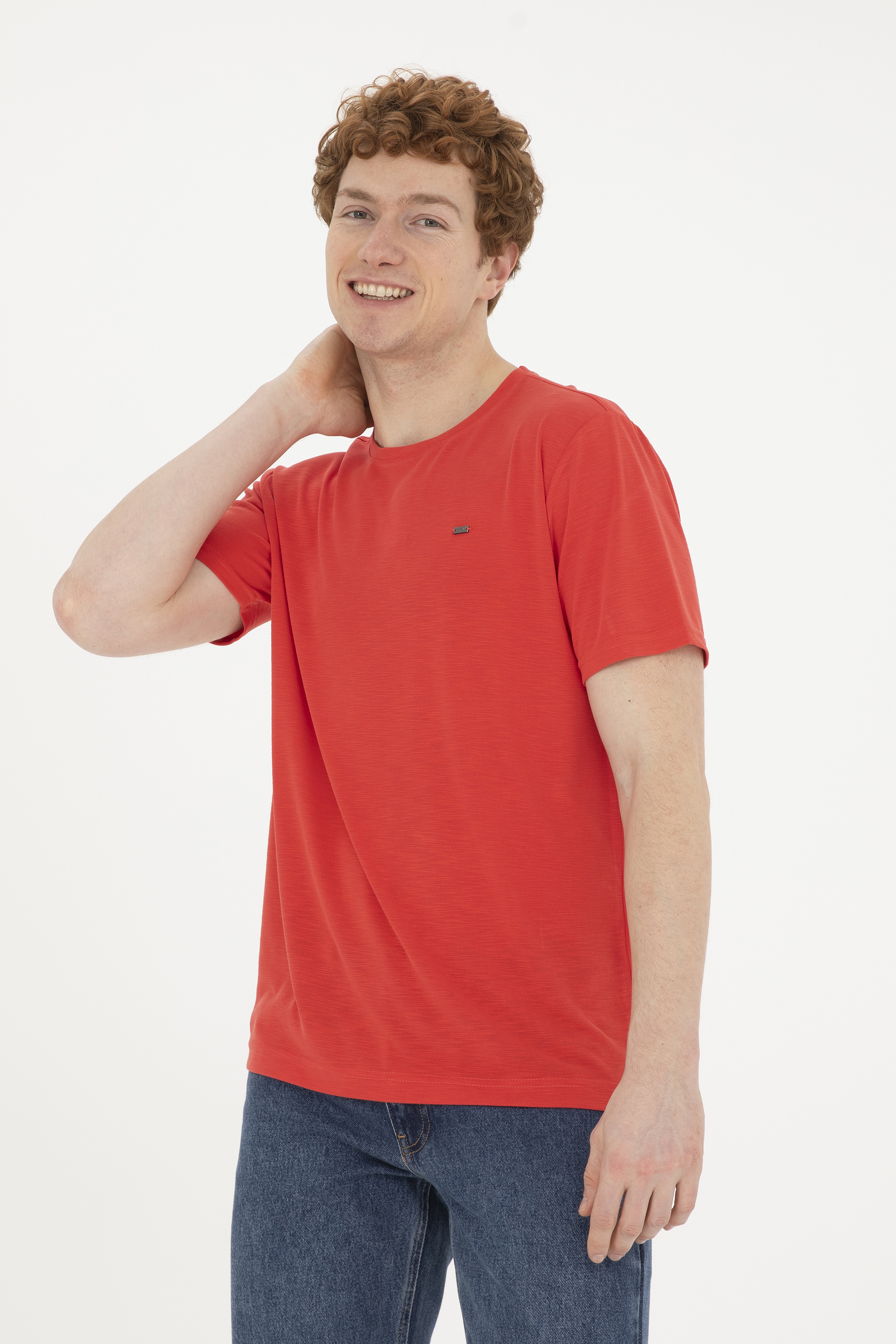 Erkek Regular Fit Bisiklet Yaka Kırmızı Basic Tişört - Image 1