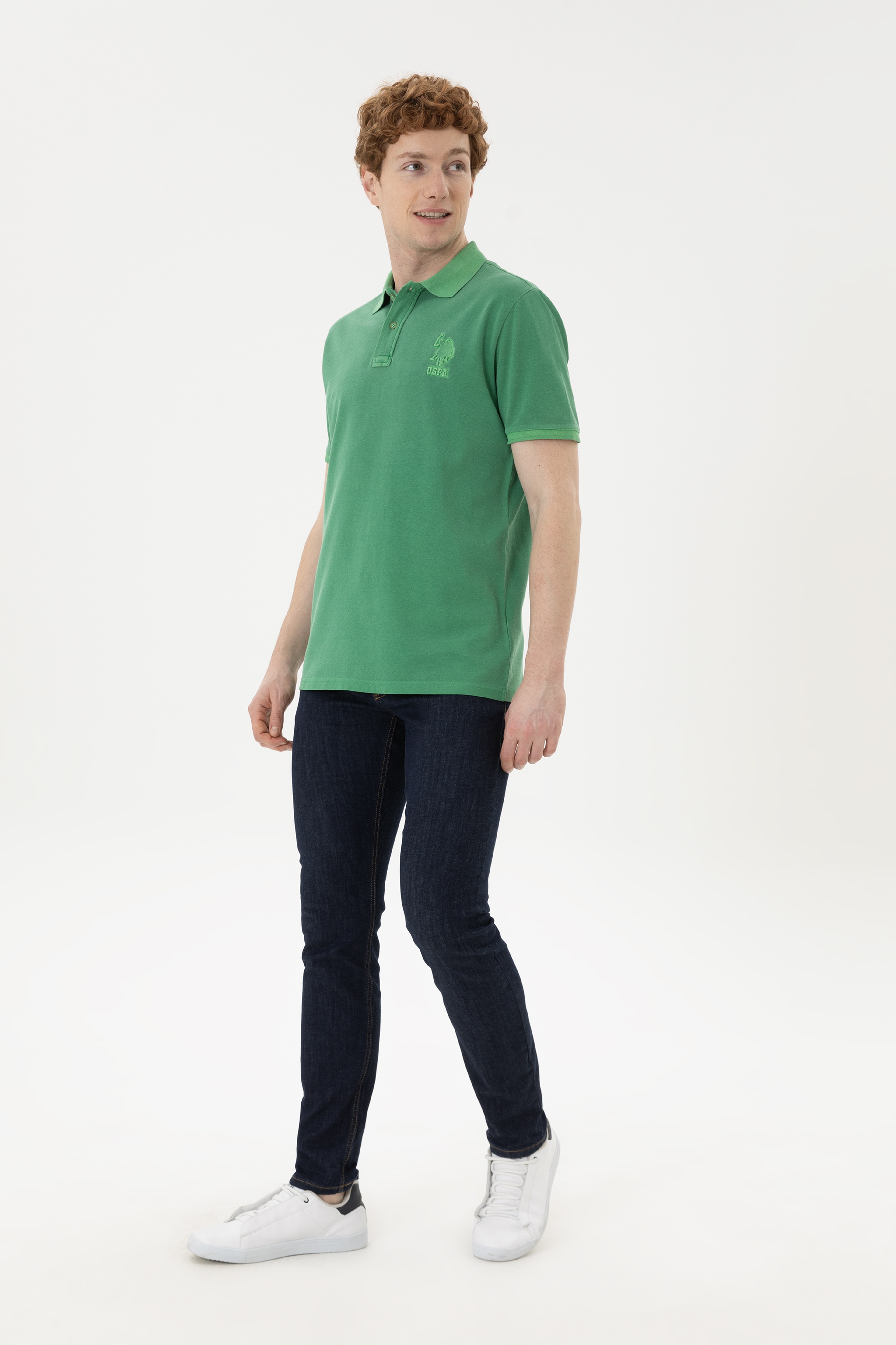 Erkek Slim Fit Polo Yaka Yeşil Basic Tişört - Image 4
