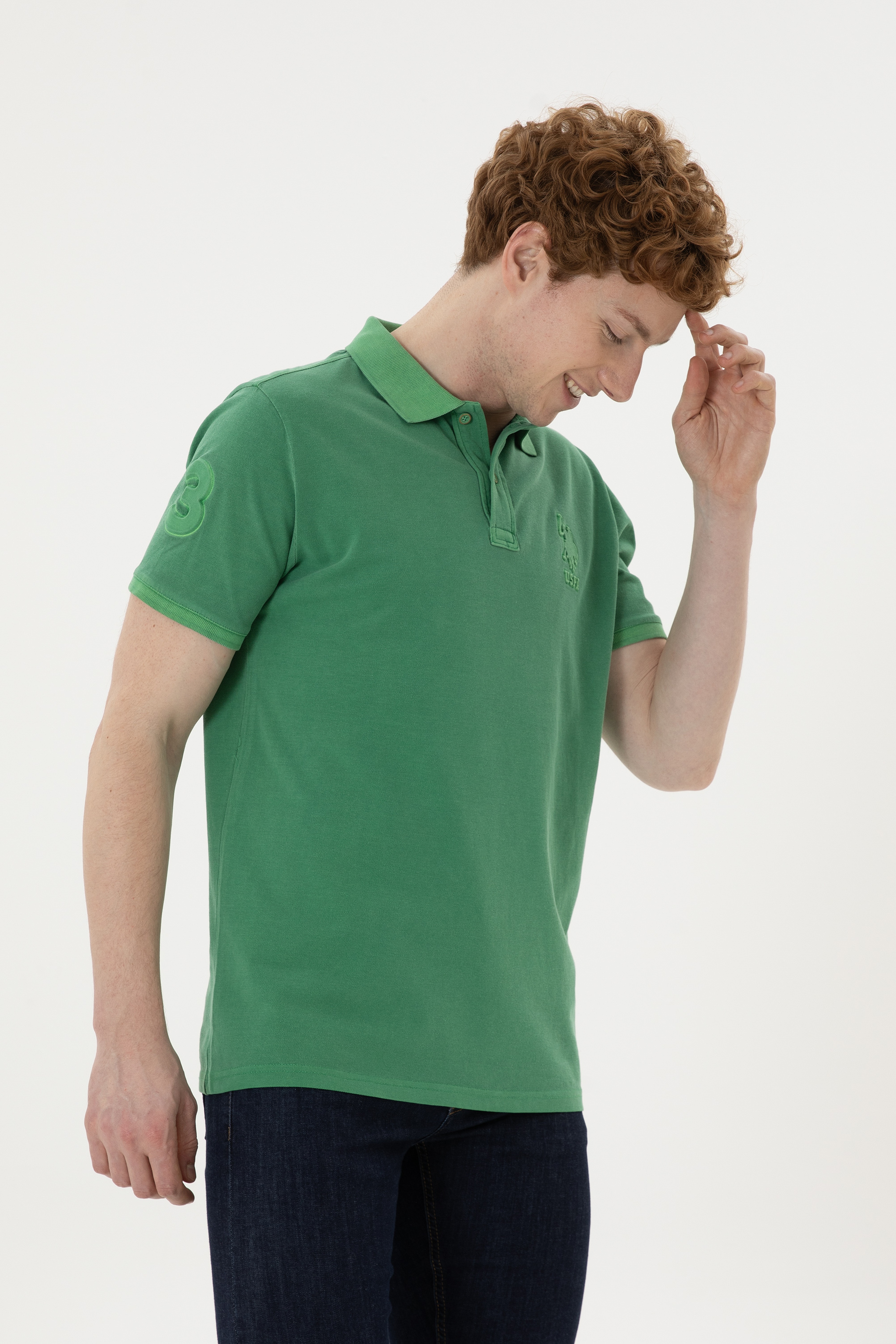 Erkek Slim Fit Polo Yaka Yeşil Basic Tişört