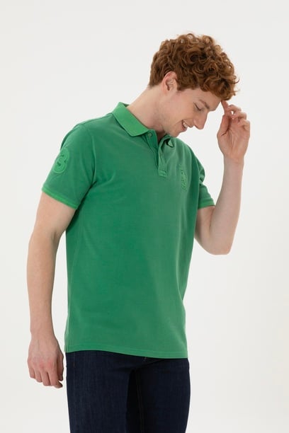 Erkek Slim Fit Polo Yaka Yeşil Basic Tişört