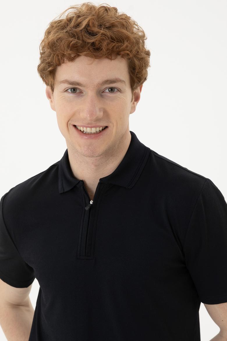 Erkek Regular Fit Polo Yaka Siyah Tişört - 50282246036