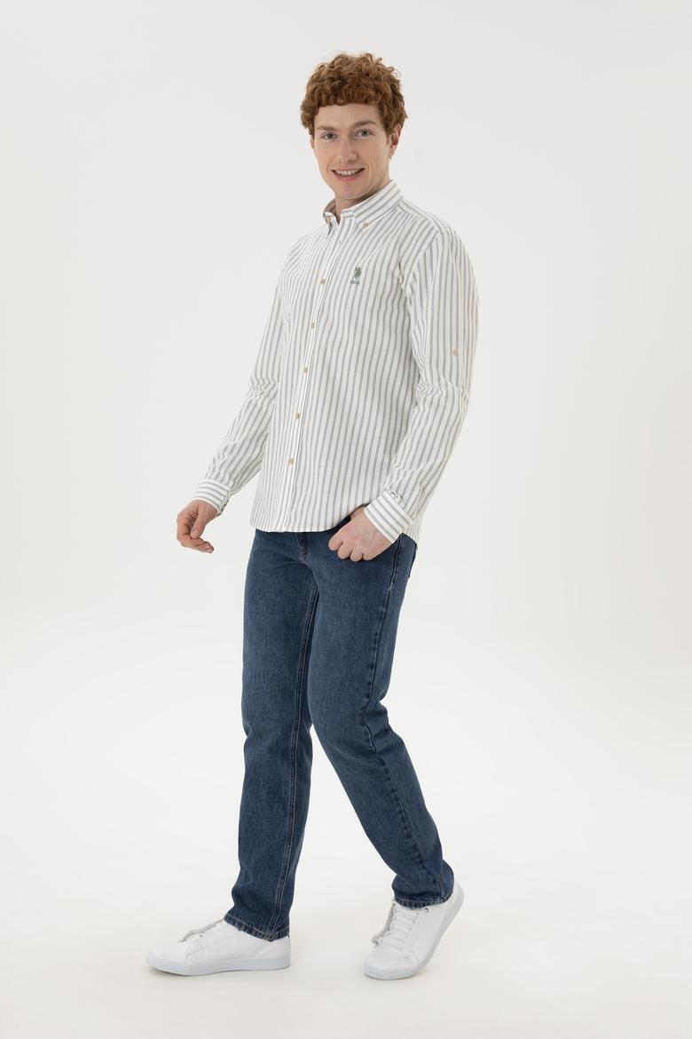 Erkek Yeşil Çizgili Beyaz Gömlek - 50282859013