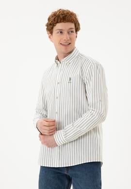 Erkek Yeşil Çizgili Beyaz Gömlek - 50282859013