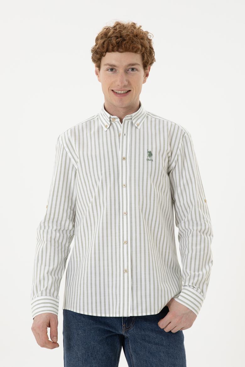Erkek Yeşil Çizgili Beyaz Gömlek - 50282859013