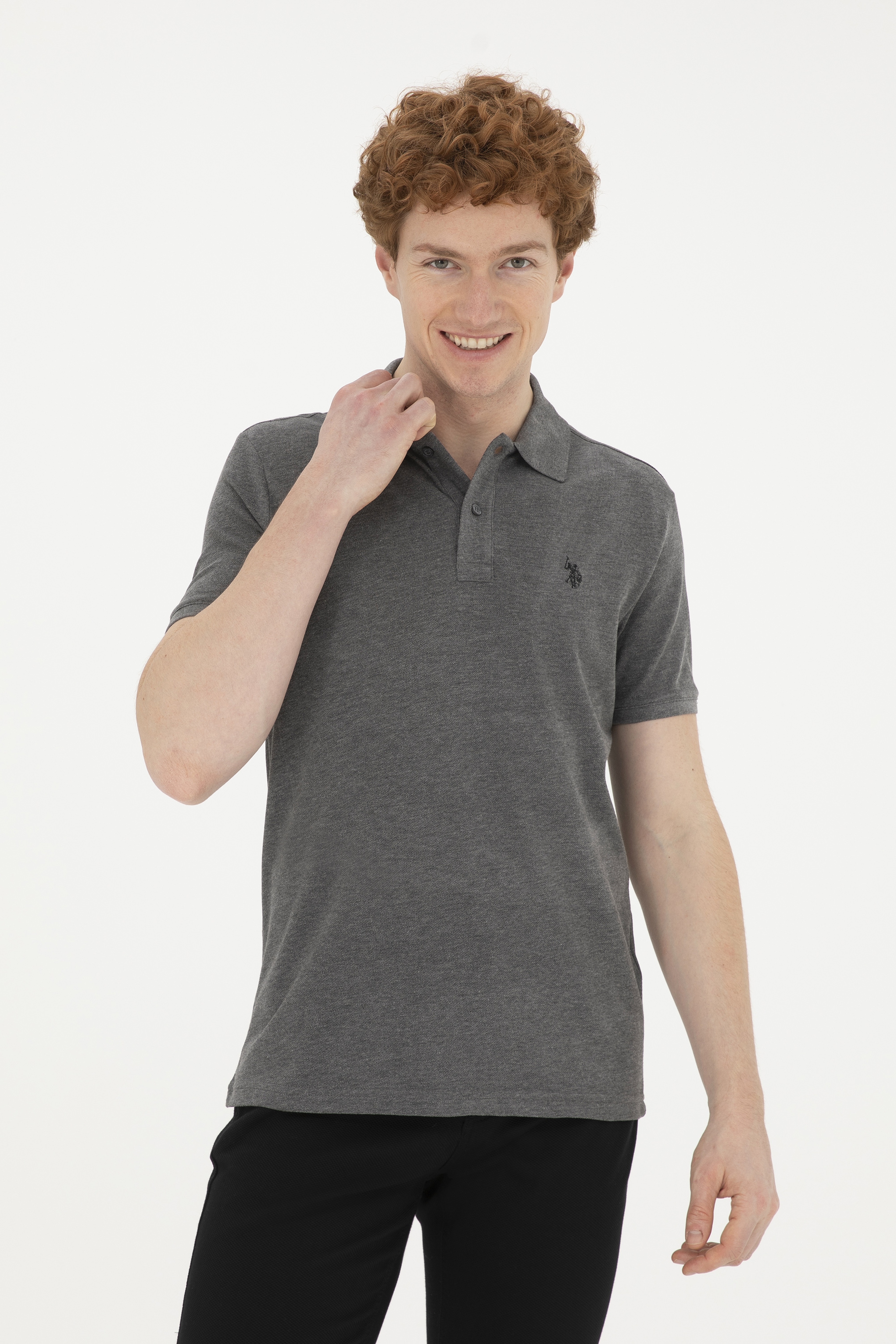 Erkek Slim Fit Polo Yaka Antrasit Melanj Basic Tişört - Image 3