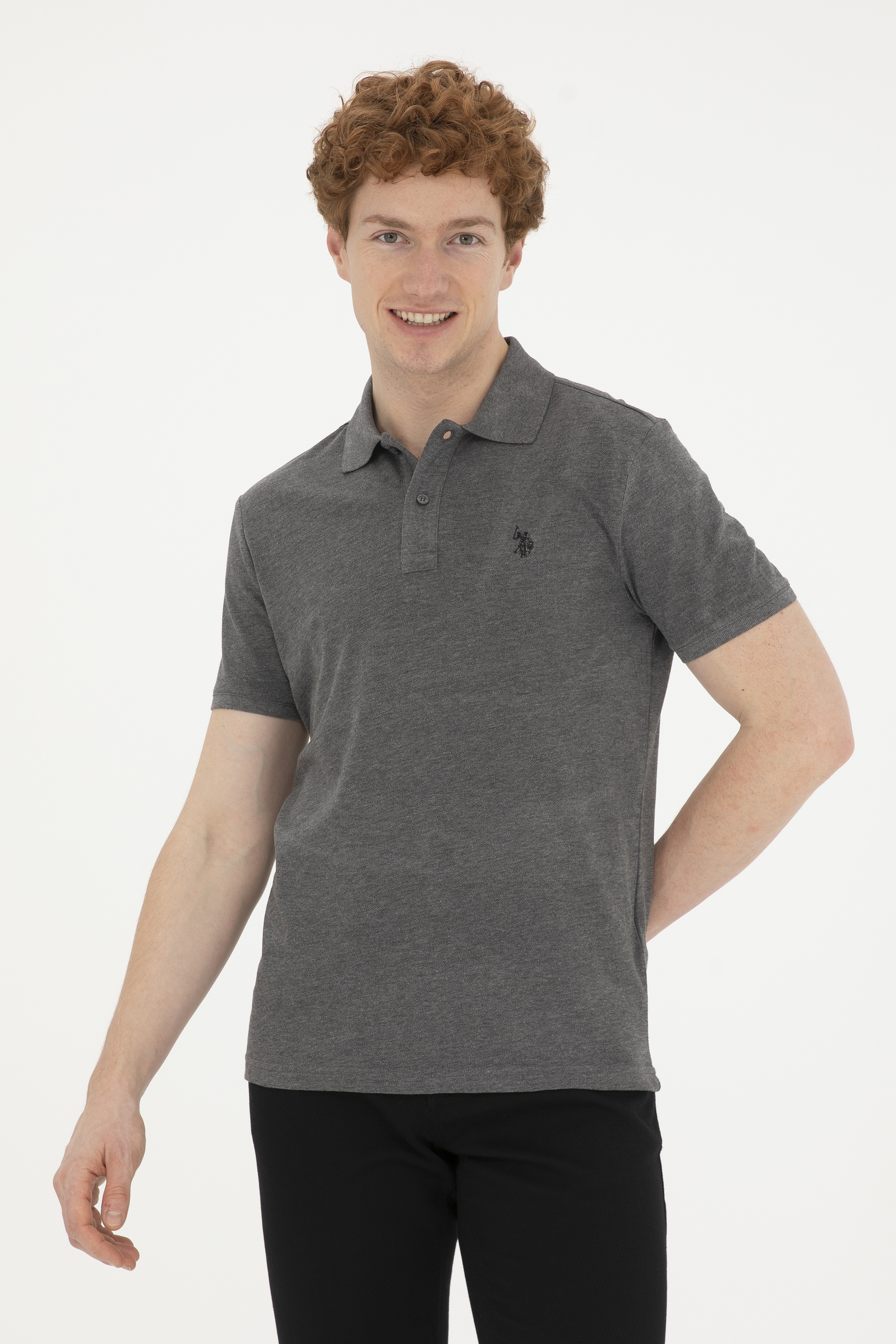 Erkek Slim Fit Polo Yaka Antrasit Melanj Basic Tişört - Image 1