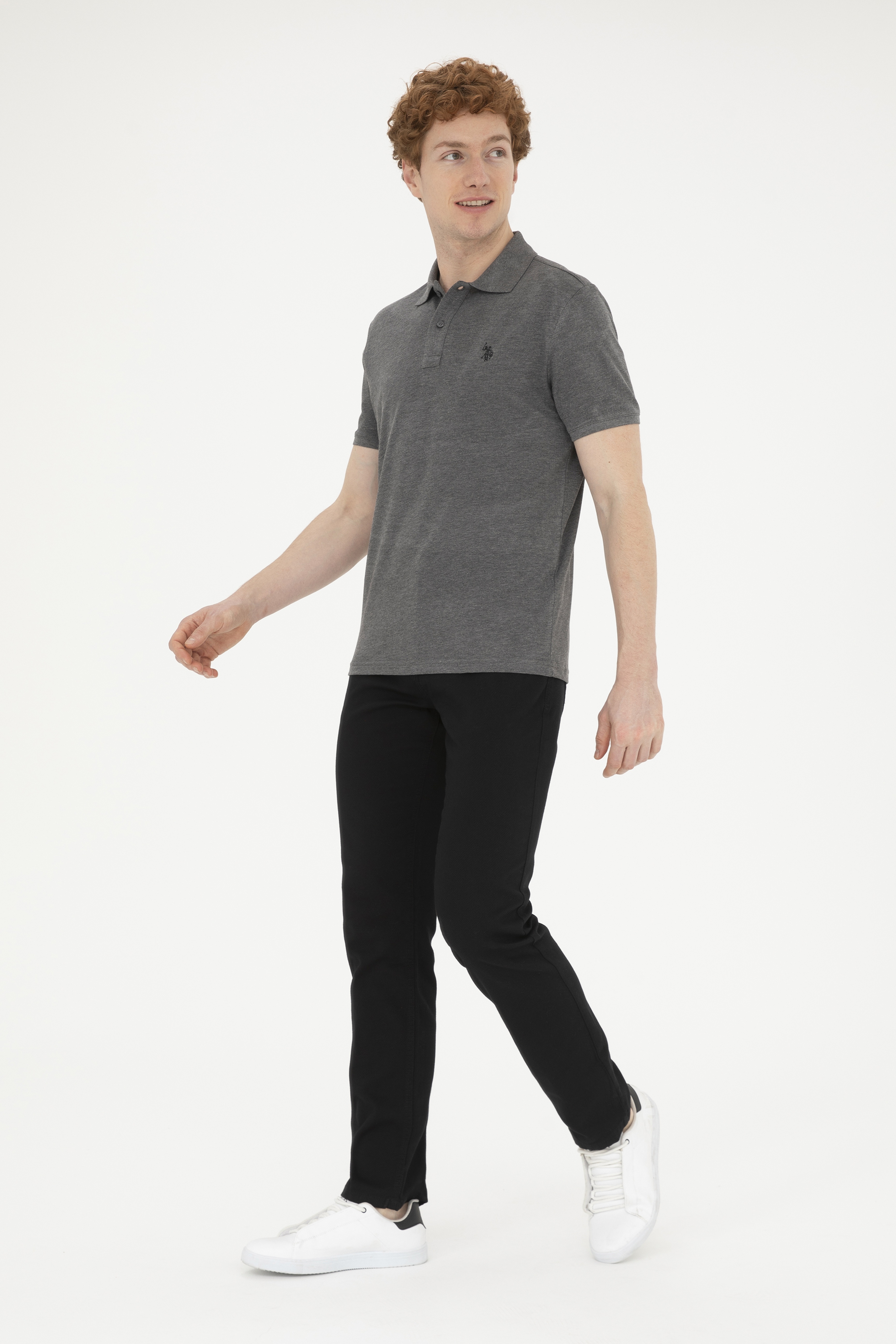 Erkek Slim Fit Polo Yaka Antrasit Melanj Basic Tişört - Image 4