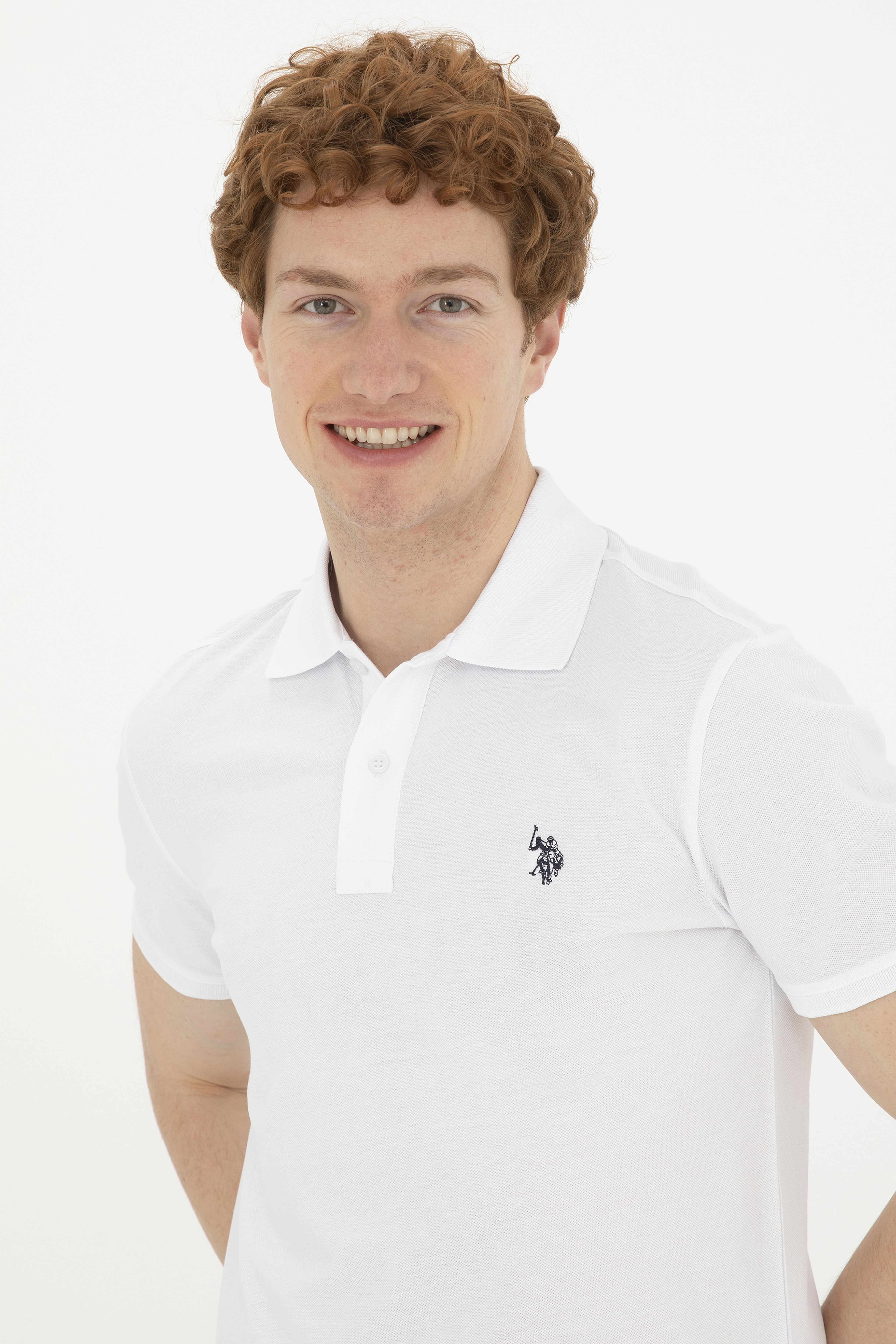 Erkek Slim Fit Polo Yaka Beyaz Basic Tişört - Image 2