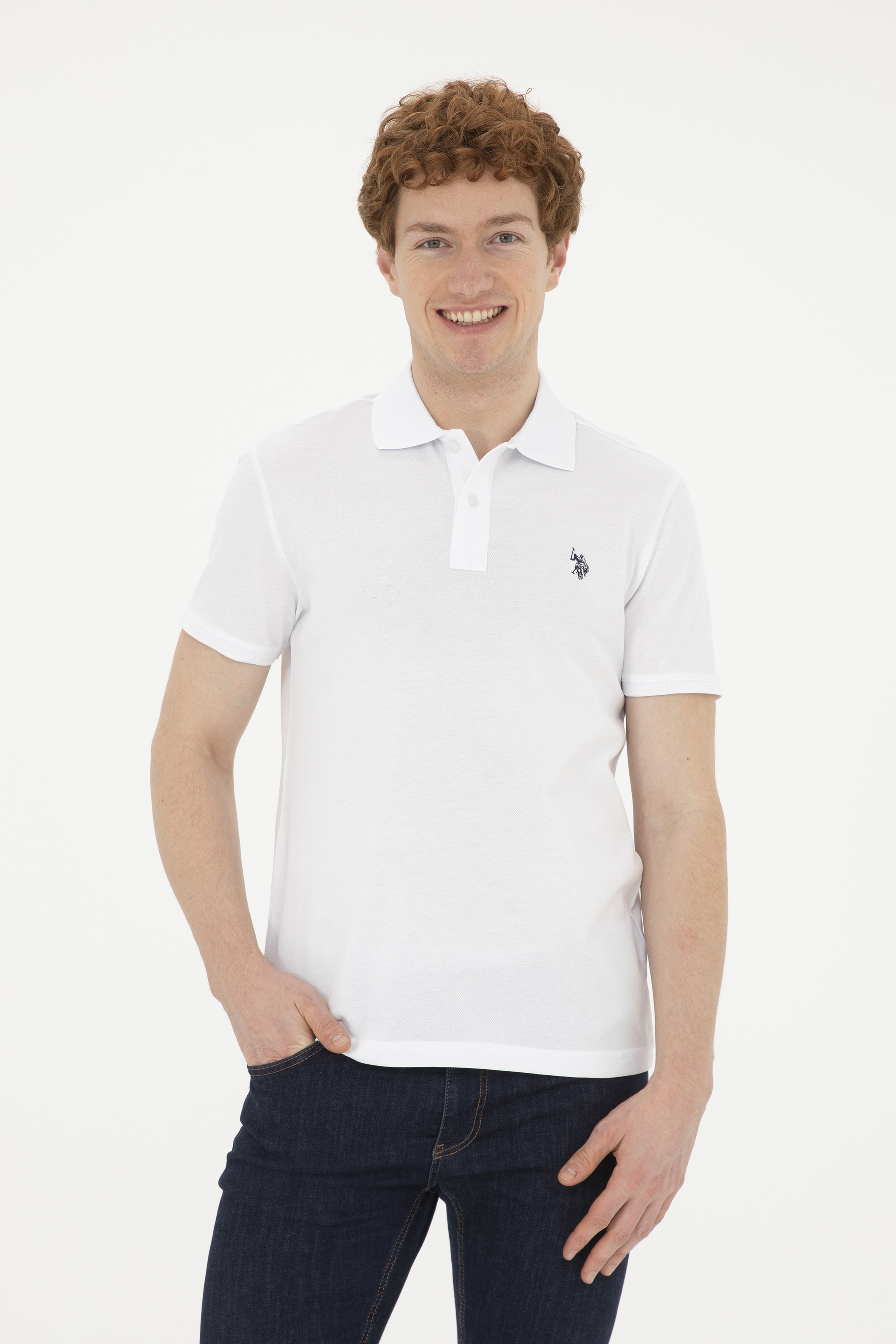 Erkek Slim Fit Polo Yaka Beyaz Basic Tişört - Image 3
