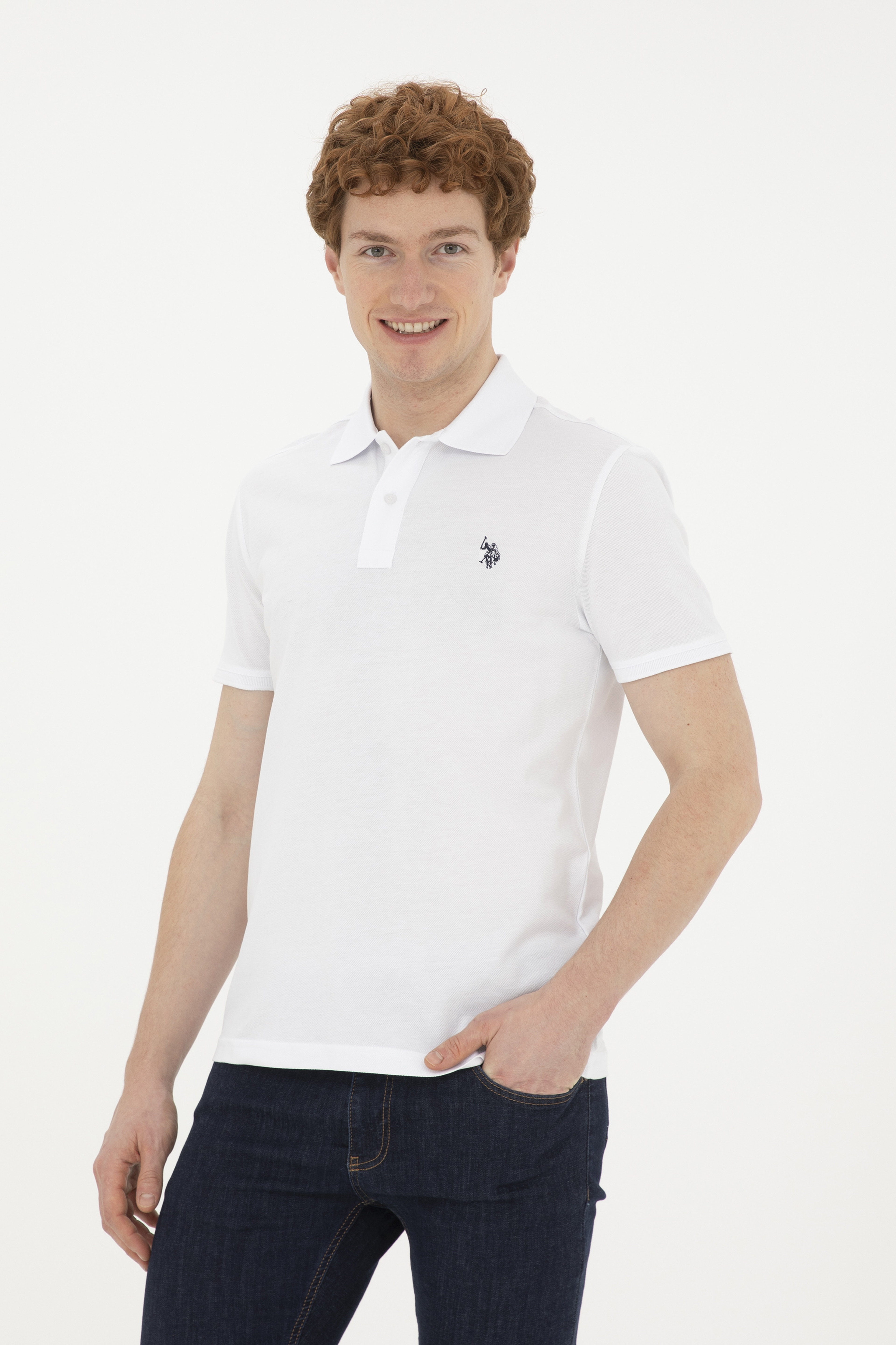 Erkek Slim Fit Polo Yaka Beyaz Basic Tişört - Image 1