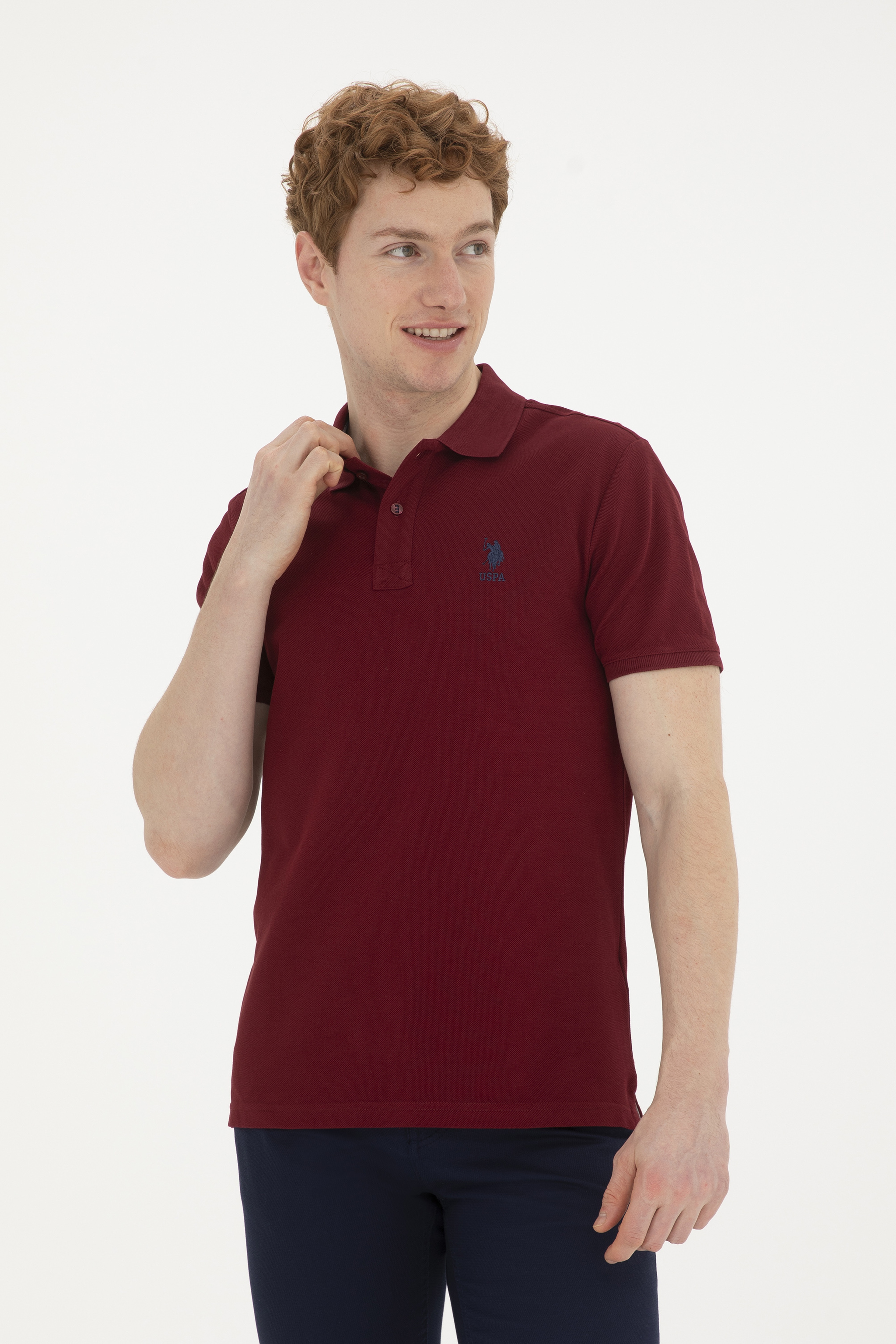 Erkek Slim Fit Polo Yaka Bordo Basic Tişört - Image 1