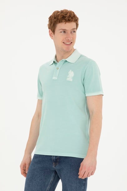 Erkek Slim Fit Polo Yaka Su Yeşili Basic Tişört