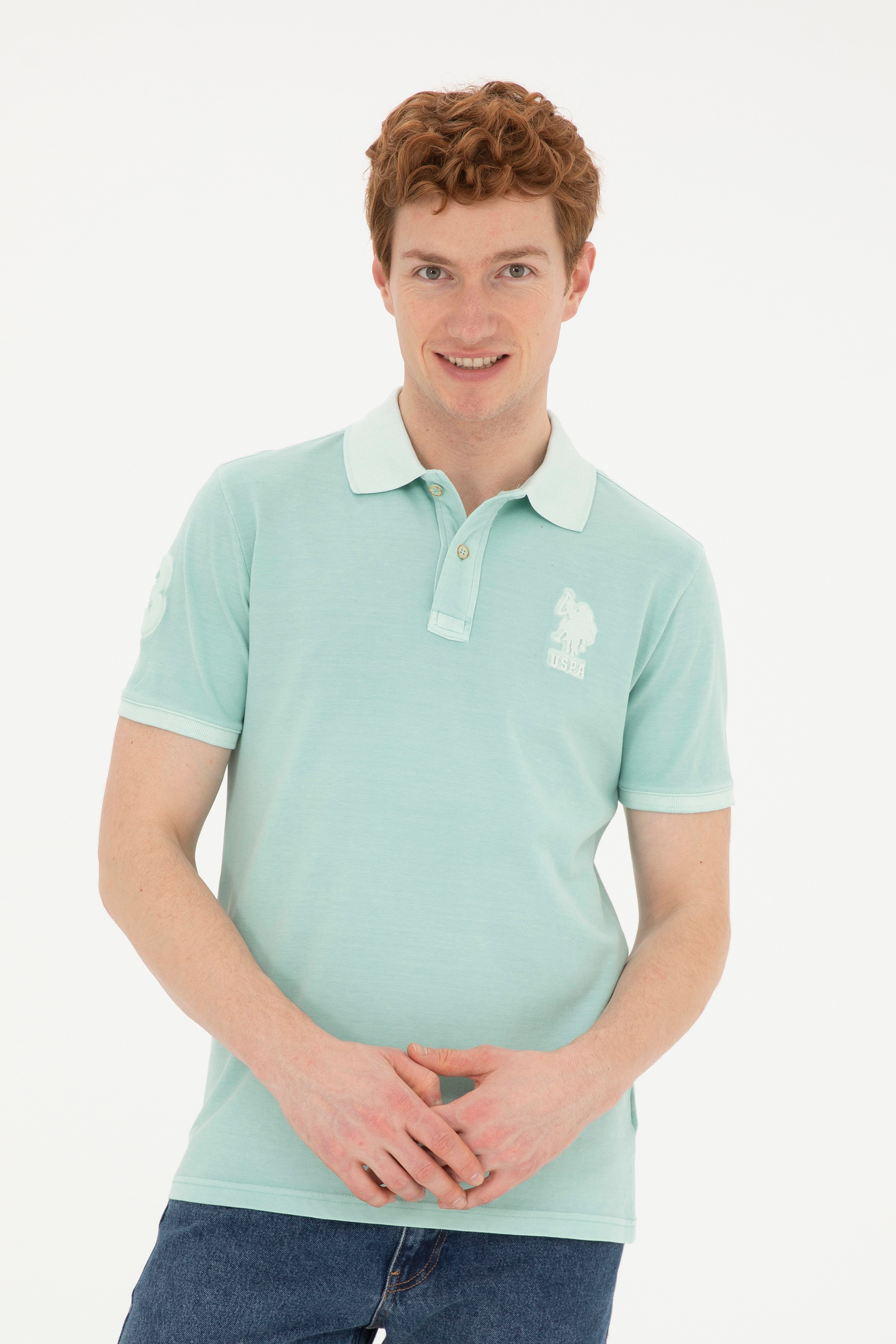 Erkek Slim Fit Polo Yaka Su Yeşili Basic Tişört - Image 3