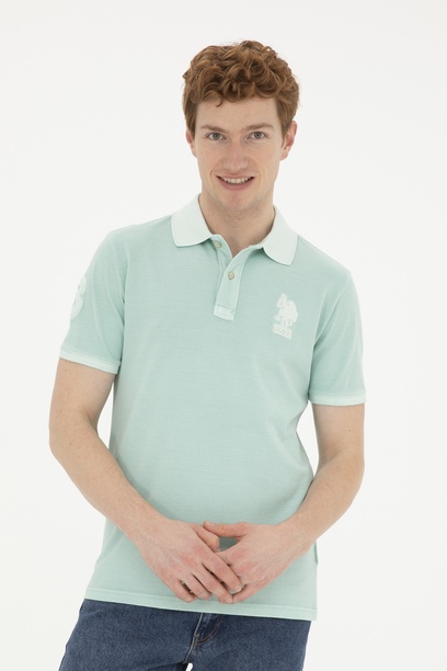 Erkek Slim Fit Polo Yaka Su Yeşili Basic Tişört