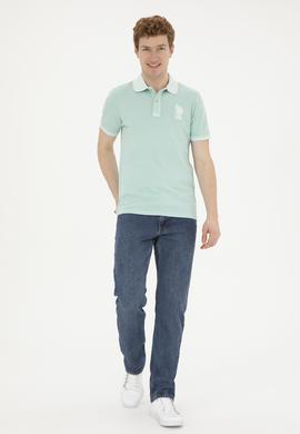 Erkek Slim Fit Polo Yaka Su Yeşili Basic Tişört - 50263475120
