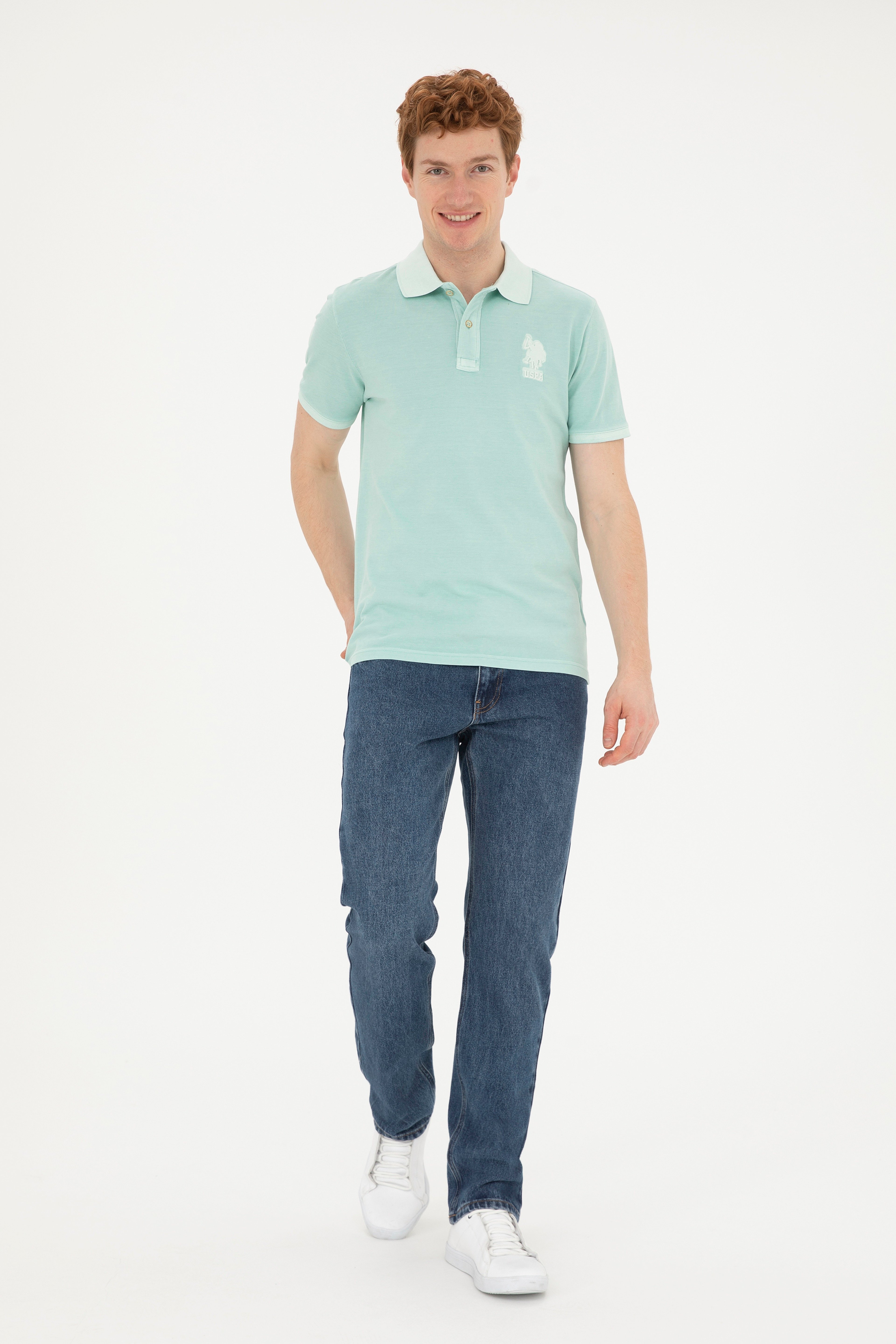 Erkek Slim Fit Polo Yaka Su Yeşili Basic Tişört - Image 4