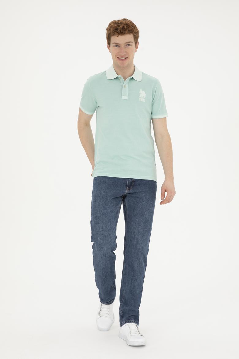 Erkek Slim Fit Polo Yaka Su Yeşili Basic Tişört - 50263475120