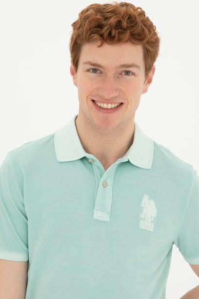 Erkek Slim Fit Polo Yaka Su Yeşili Basic Tişört
