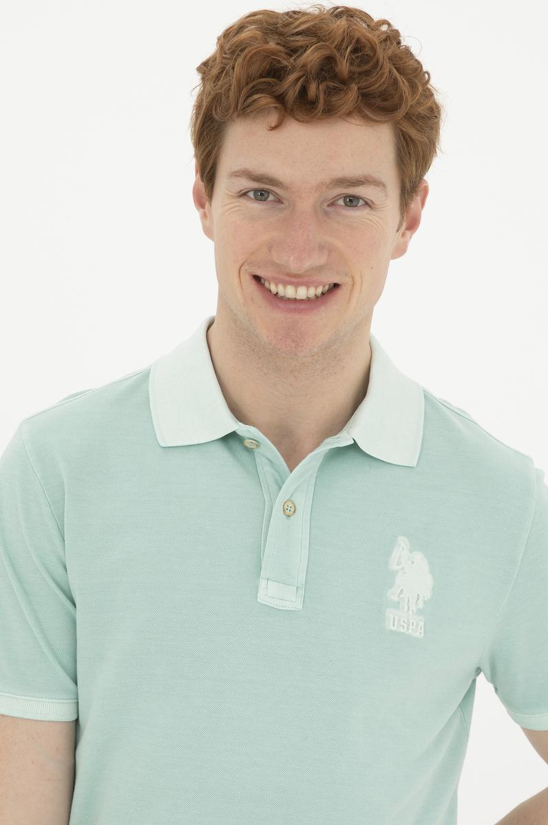 Erkek Slim Fit Polo Yaka Su Yeşili Basic Tişört