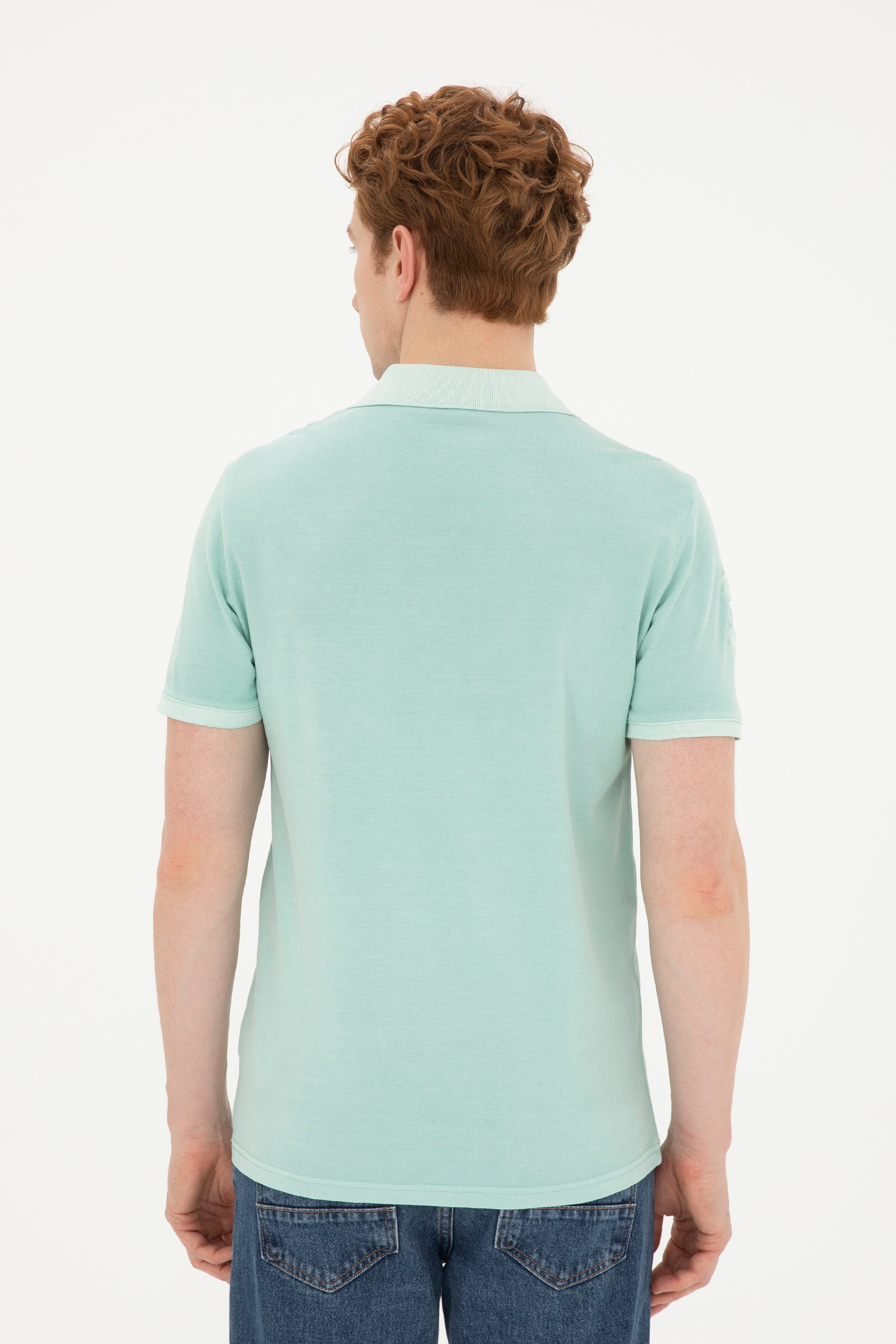 Erkek Slim Fit Polo Yaka Su Yeşili Basic Tişört - Image 5