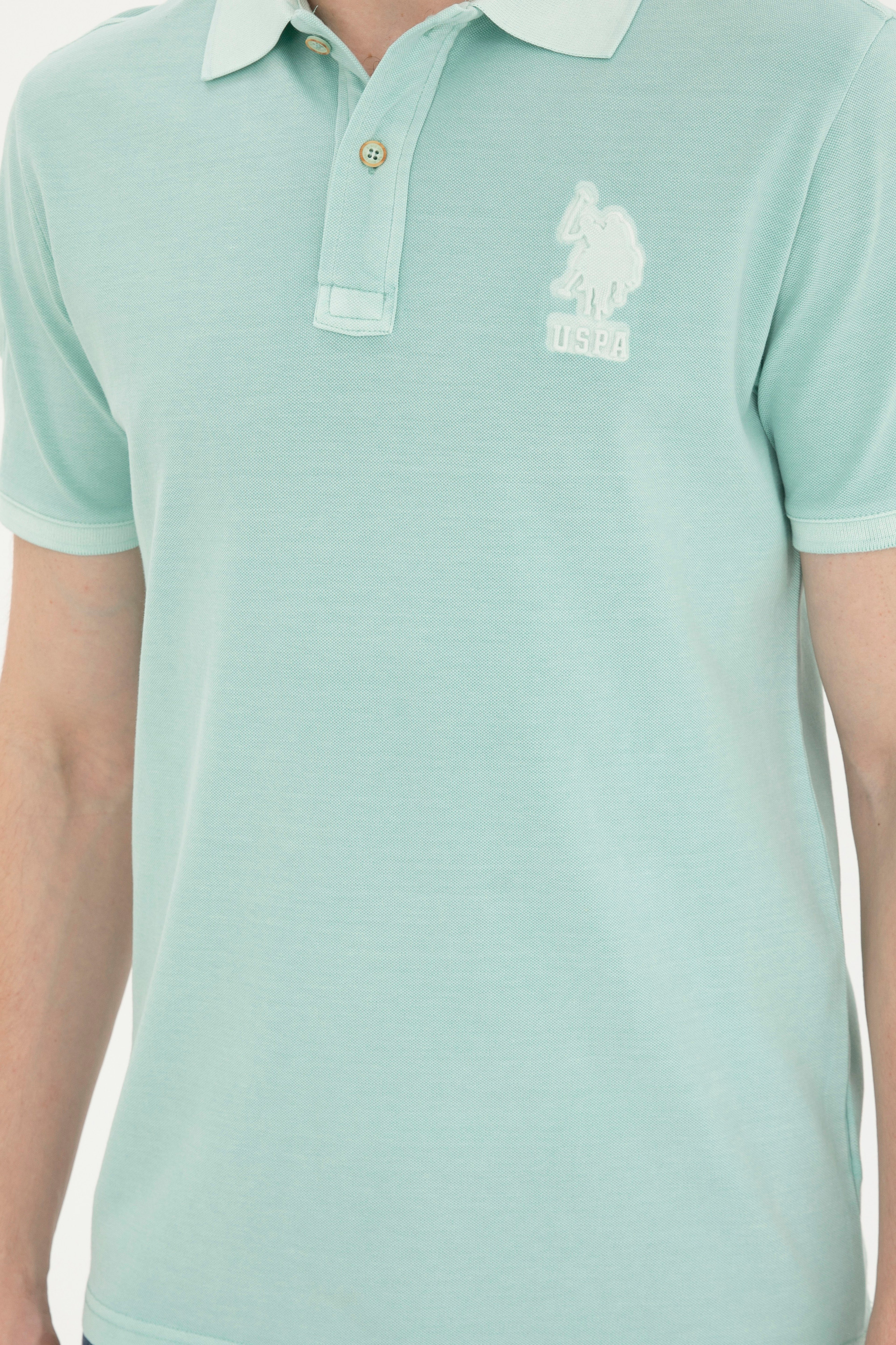 Erkek Slim Fit Polo Yaka Su Yeşili Basic Tişört