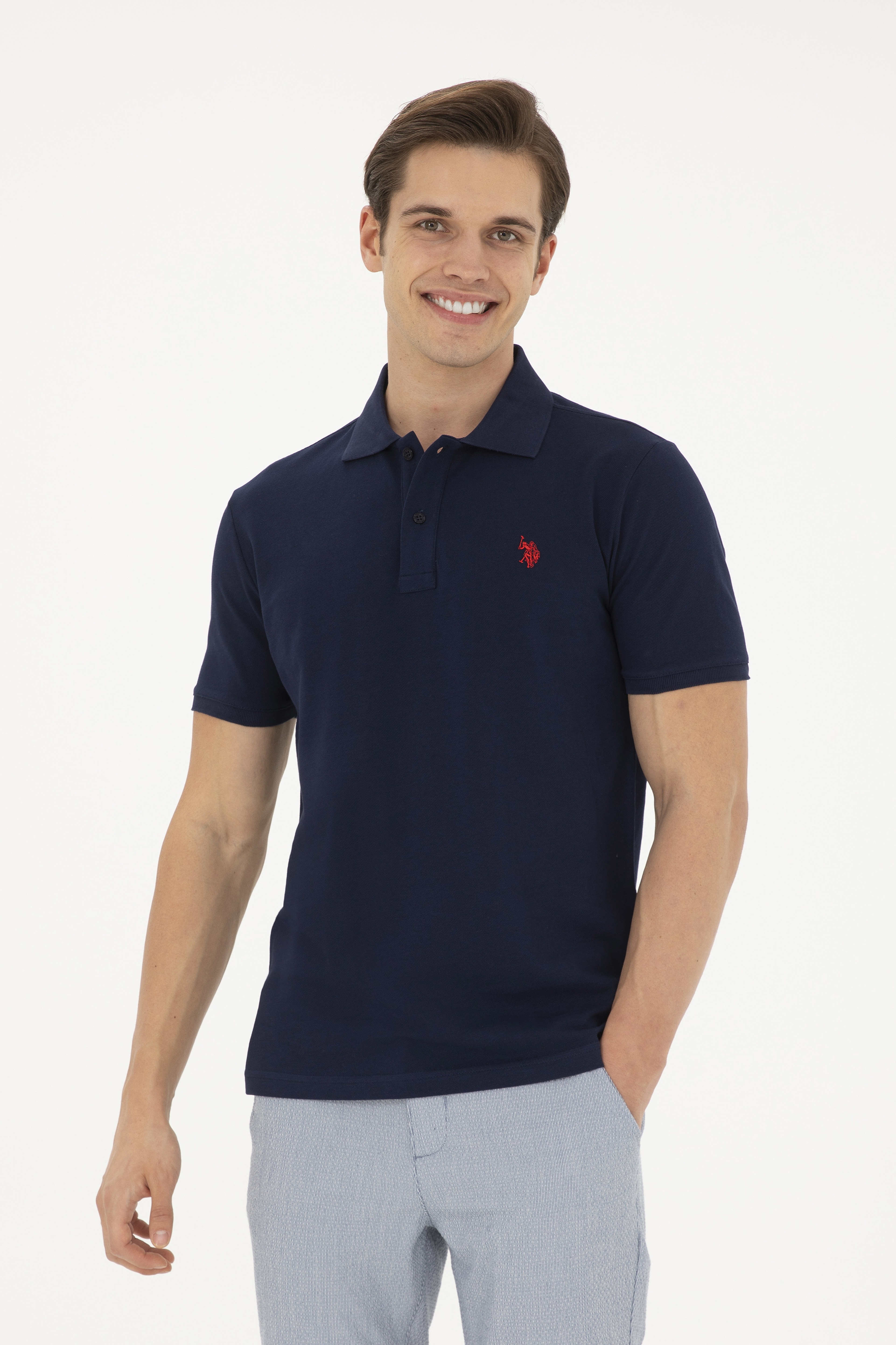 Erkek Slim Fit Polo Yaka Lacivert Basic Tişört - Image 3