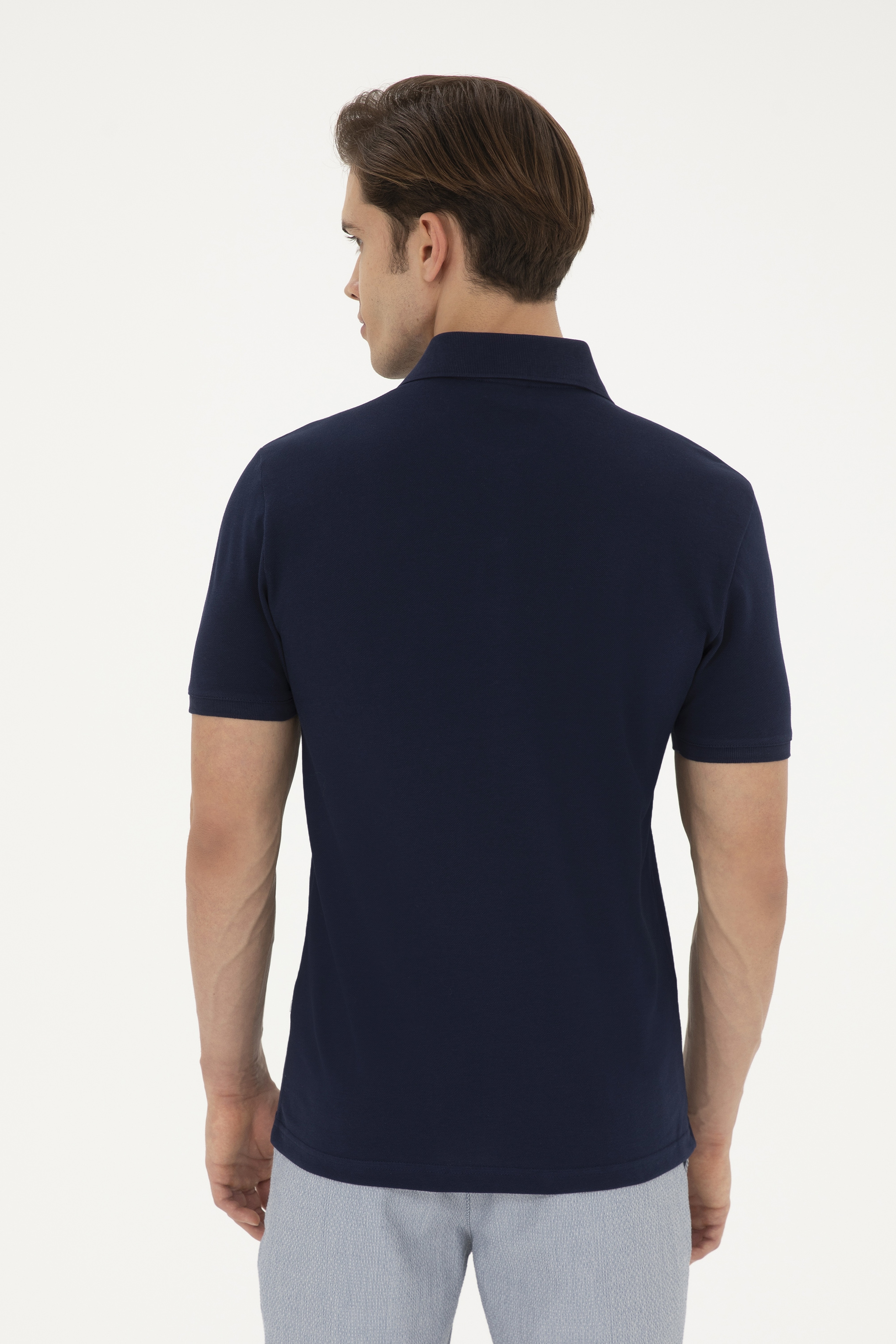 Erkek Slim Fit Polo Yaka Lacivert Basic Tişört - Image 5