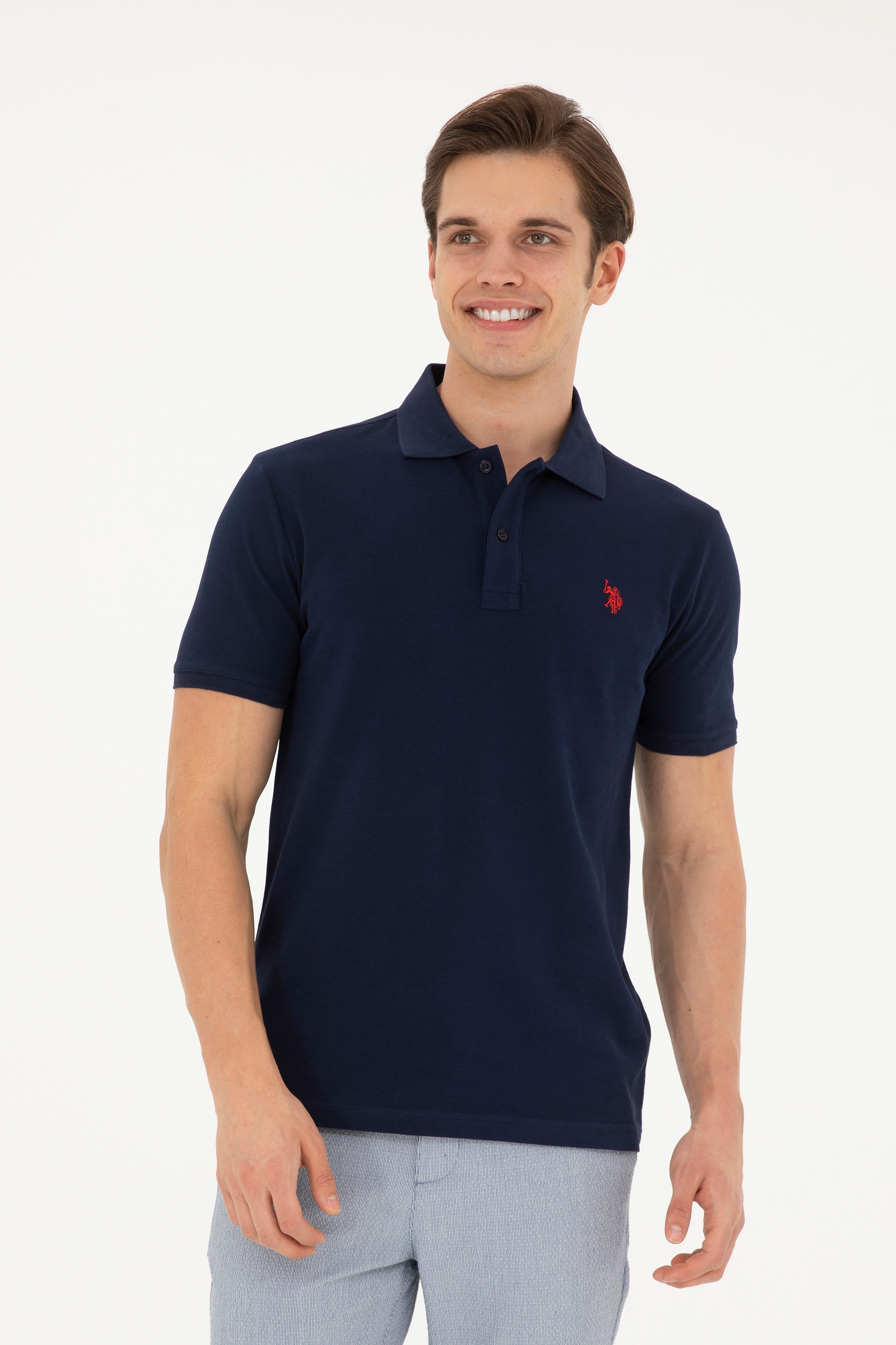 Erkek Slim Fit Polo Yaka Lacivert Basic Tişört - Image 1