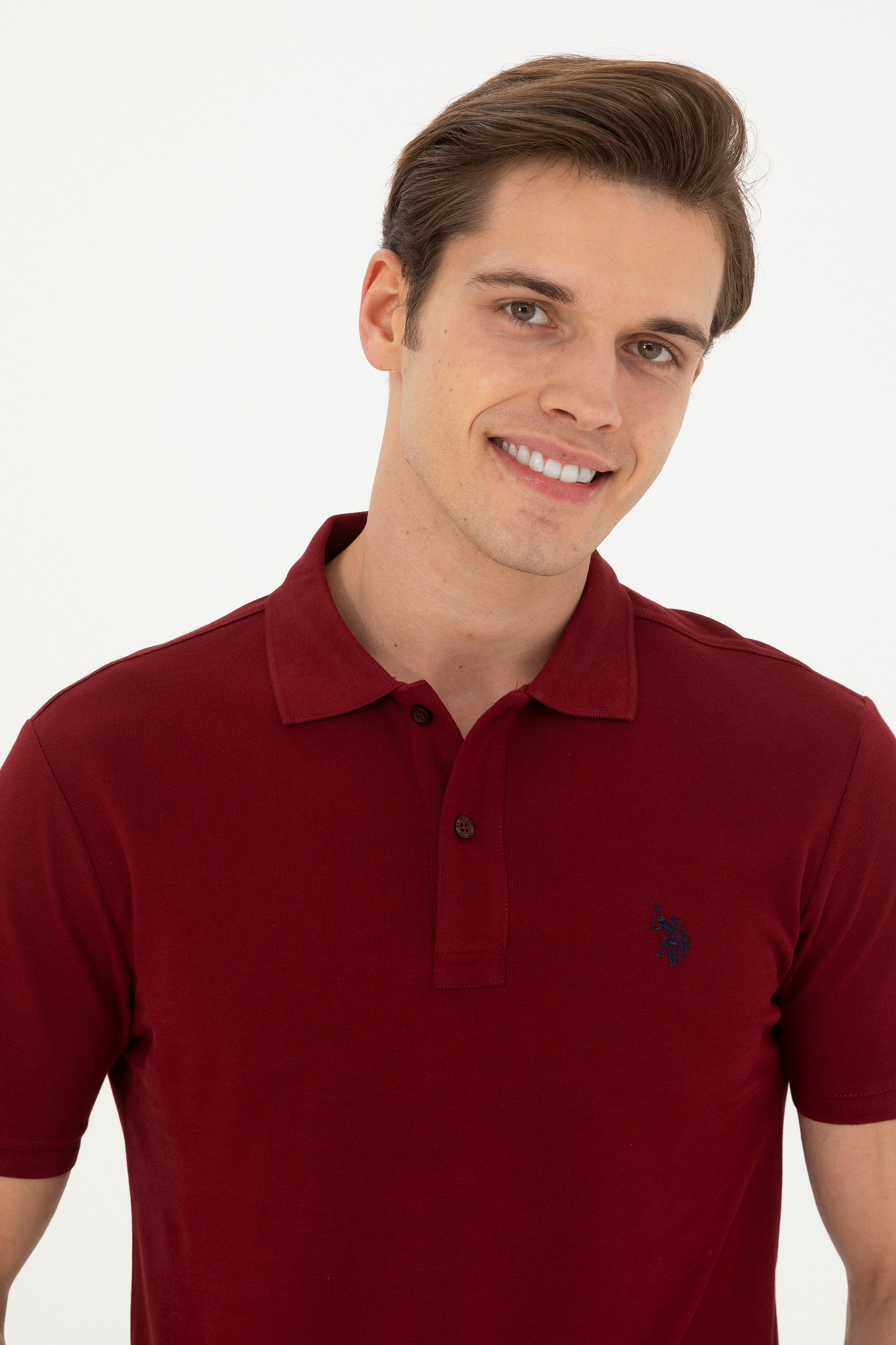 Erkek Slim Fit Polo Yaka Bordo Basic Tişört - Image 2